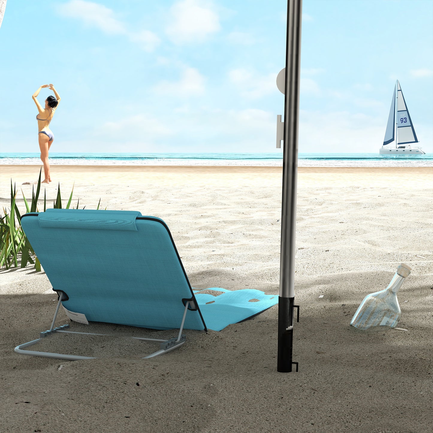 Set of 2 Foldable Garden Beach Chair Mat Lightweight Outdoor Sun Lounger Seats Adjustable Back Metal Frame PE Fabric Head Pillow, Sky Blue