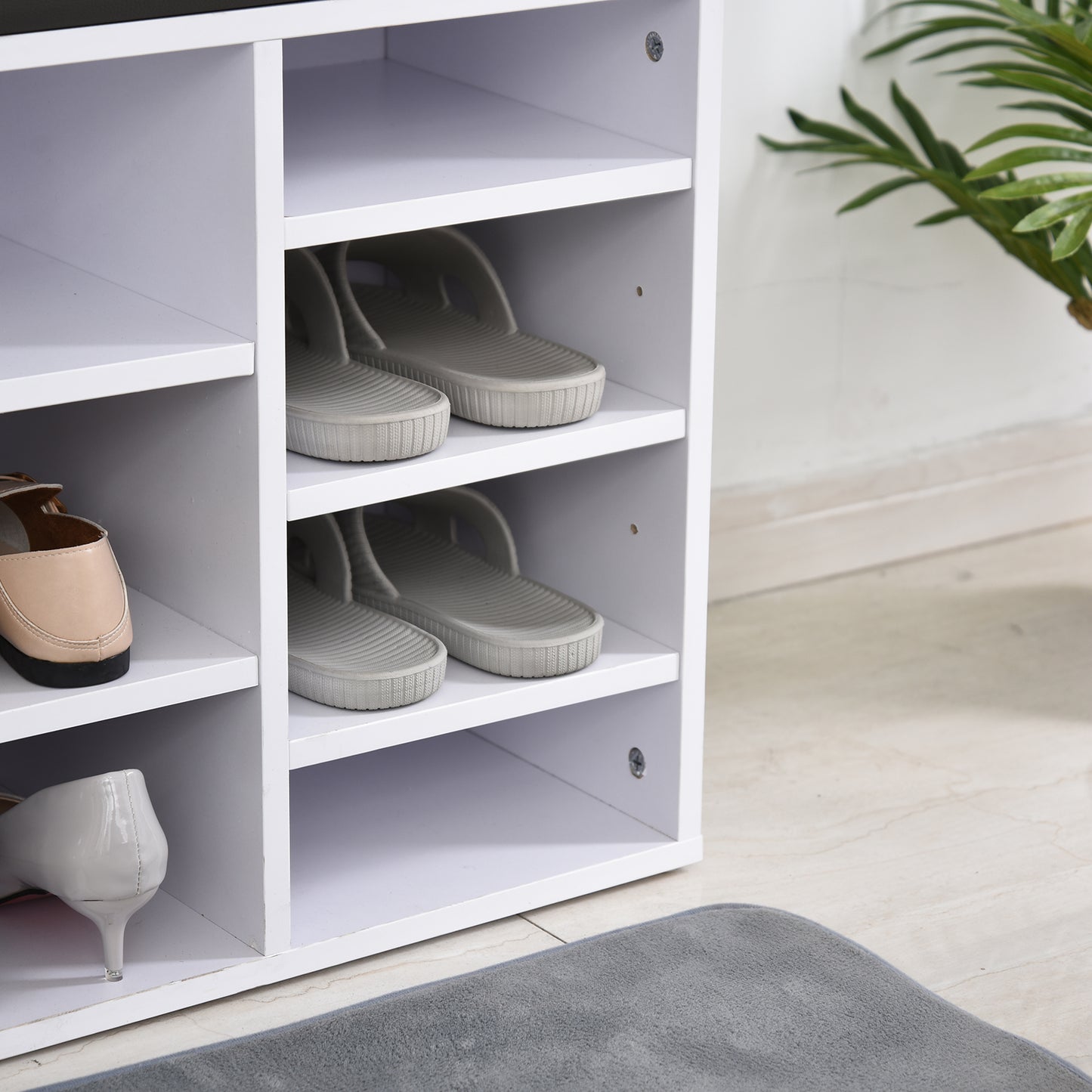 Multi-Storage Shoe Rack 14 Compartments Cushion Moving Shelves Home White