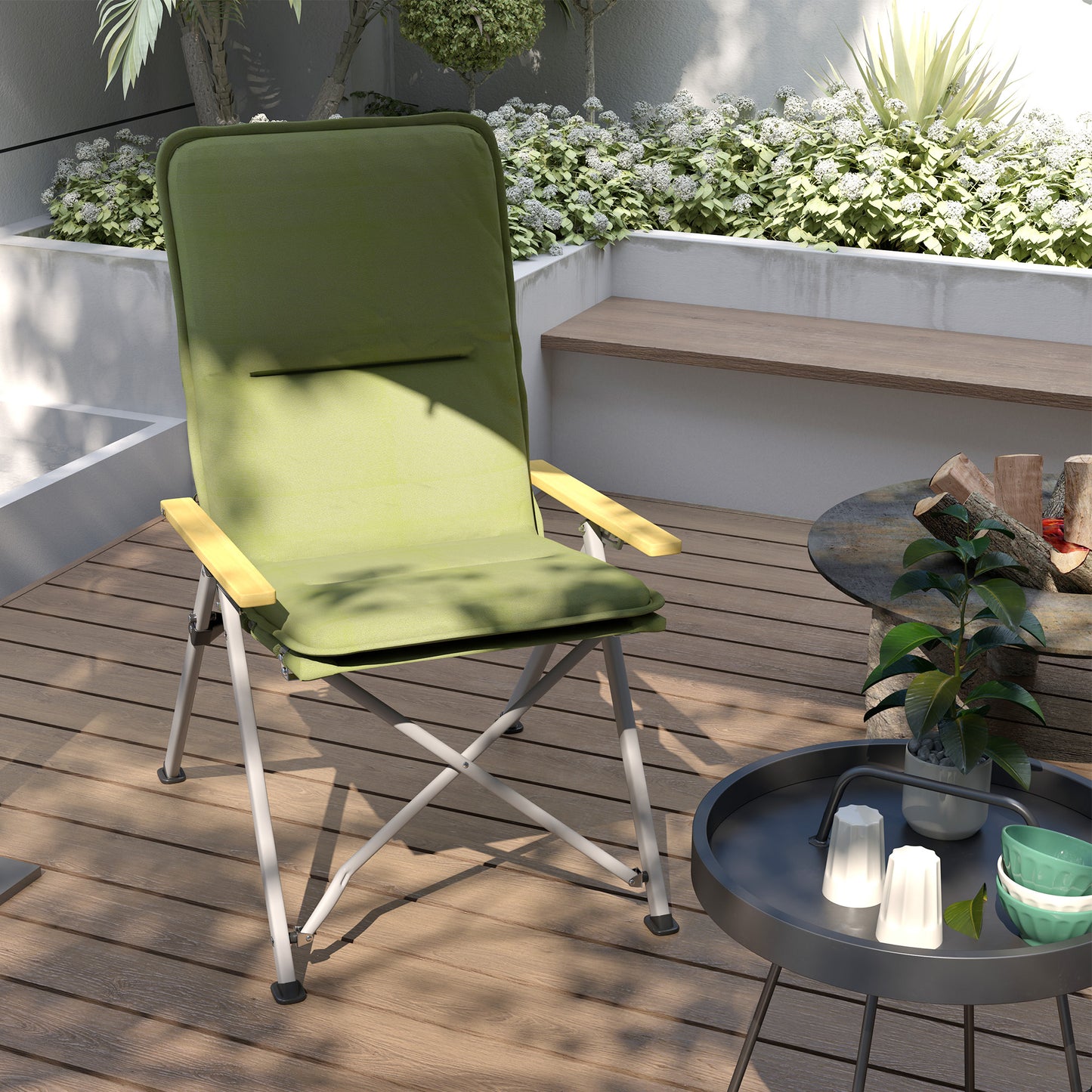Padded Camp Chair Outdoor High Back Folding Recliner with Bag Green