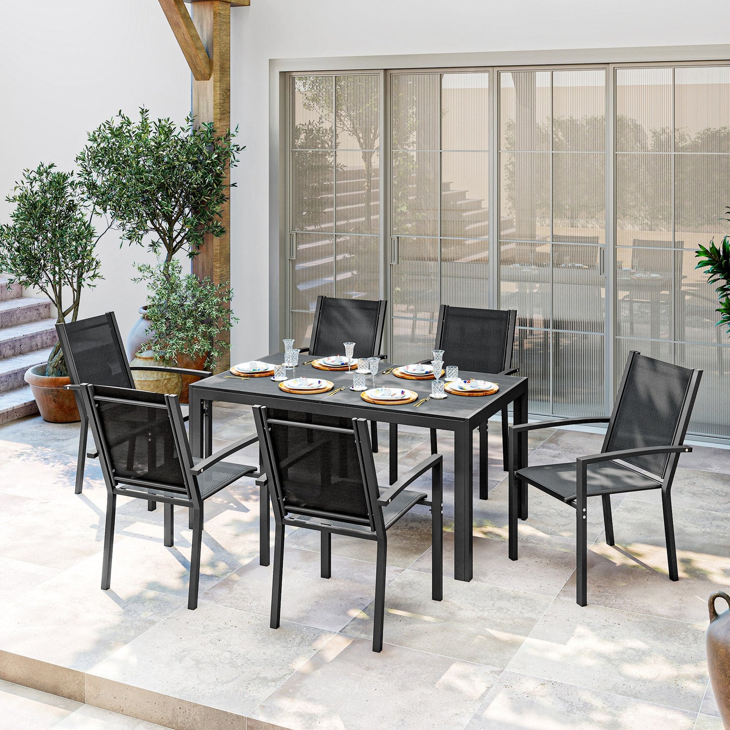 Garden Dining Set for 6, Outdoor Dining Table and Chairs, Black