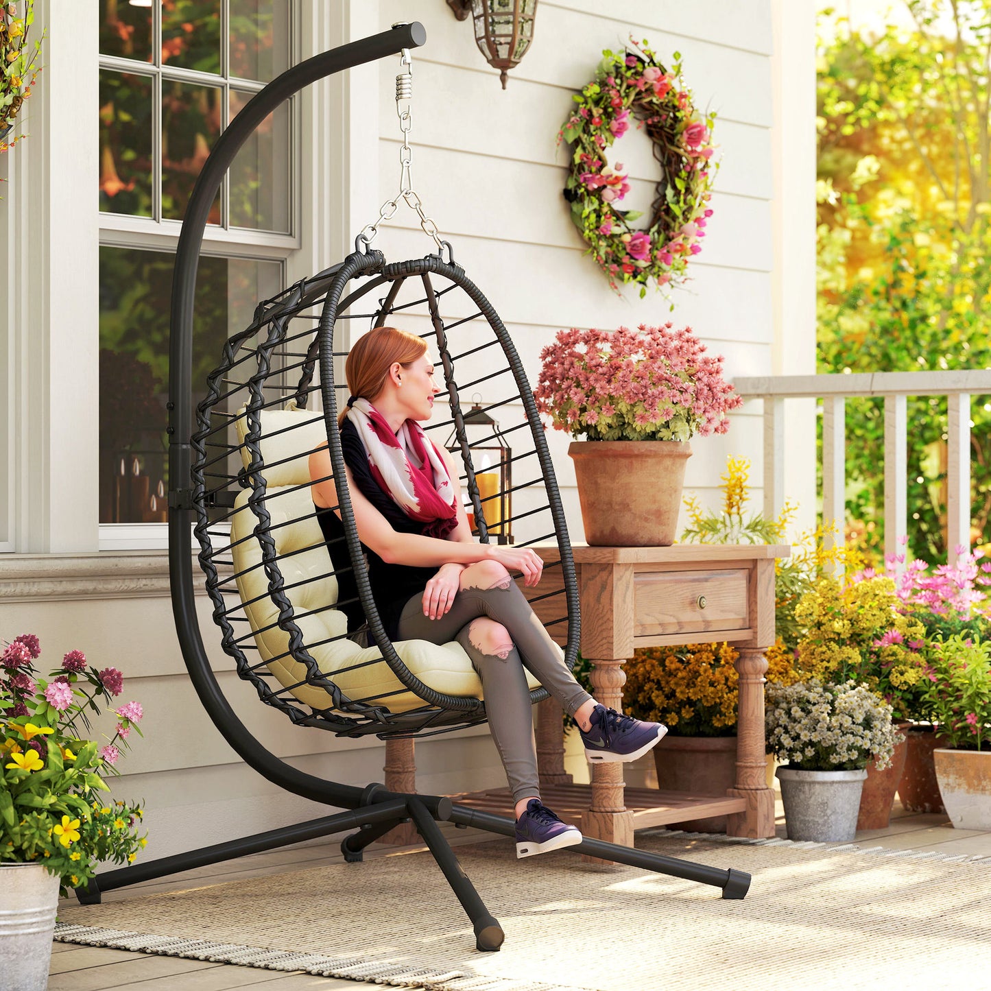 Rattan Hanging Egg Chair w/ Stand, Cushion, Headrest, Cream White