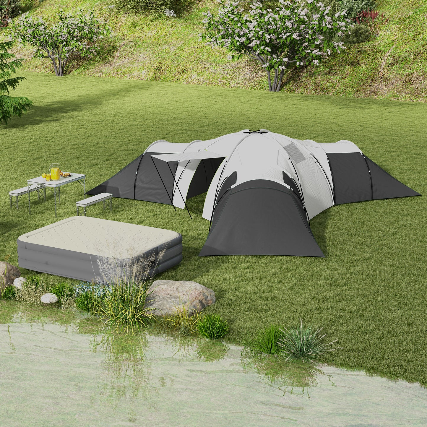 Large Tunnel Tent with 3 Bedroom, Living Area and Porch, Grey