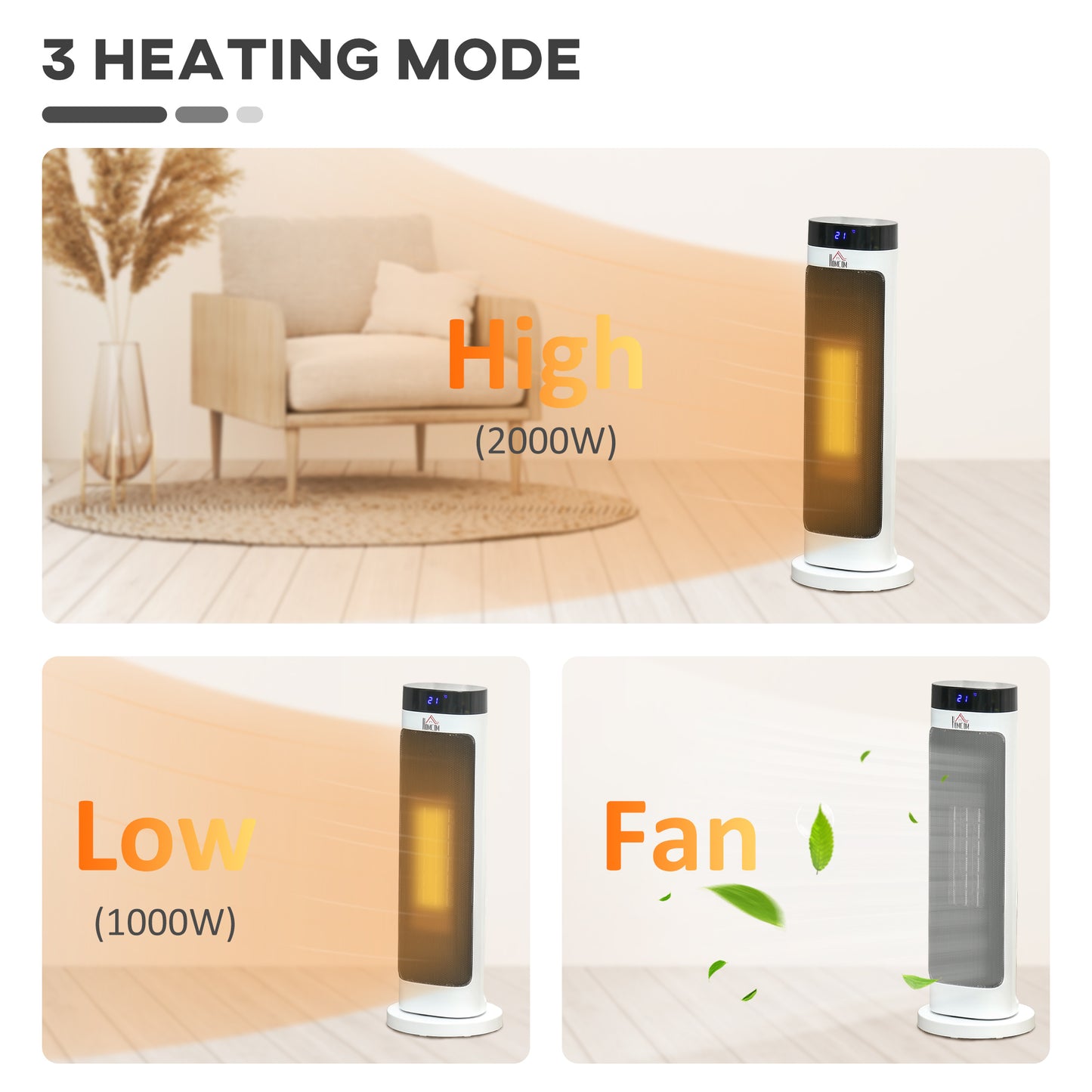 Ceramic Electric Space Heater, Portable Heater for Home with 3 Heat Settings, Oscillation, Adjustable Temperature, 1000W/2000W, Black