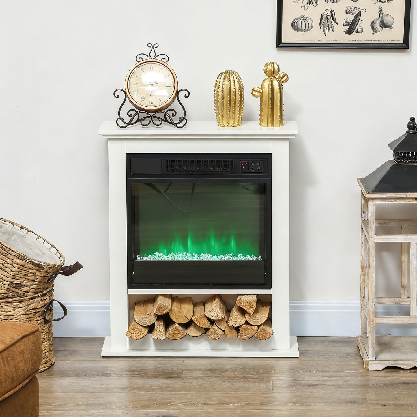 1800W White Electric Fire with Remote & Timer for Living Room