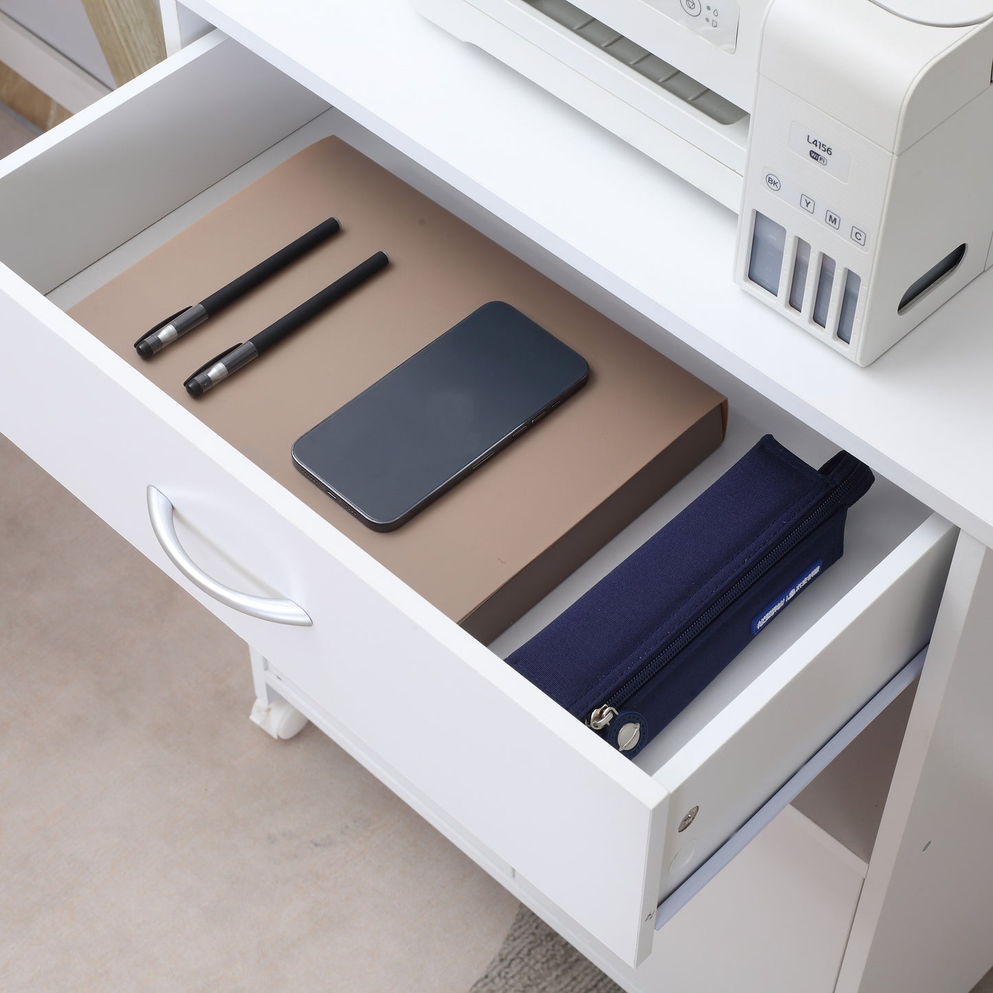 Mobile Printer Stand w/ Storage Shelf Universal Wheels for Home White