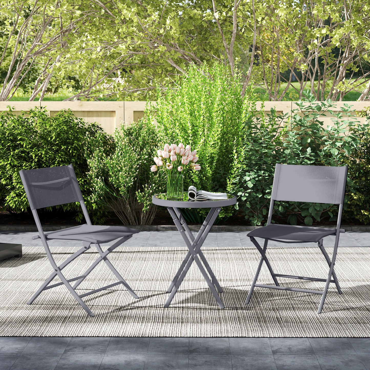 3 Pieces Outdoor Bistro Set, Glass Top Table and Chairs, Grey