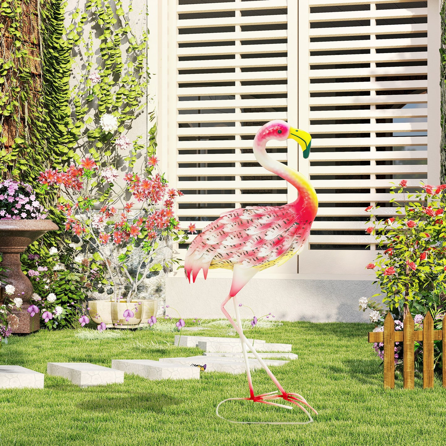 Flamingo Garden Statue, Metal Garden Ornament with Stakes, Pink