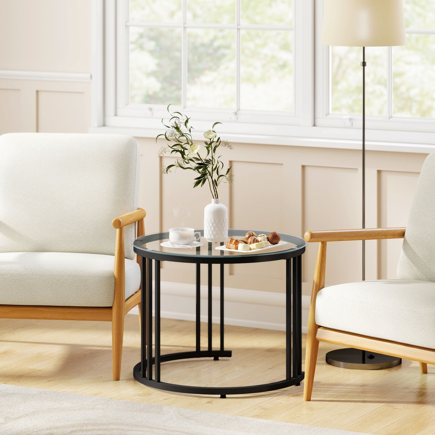2 Pieces Round Nesting Coffee Tables with Tempered Glass Top, Black