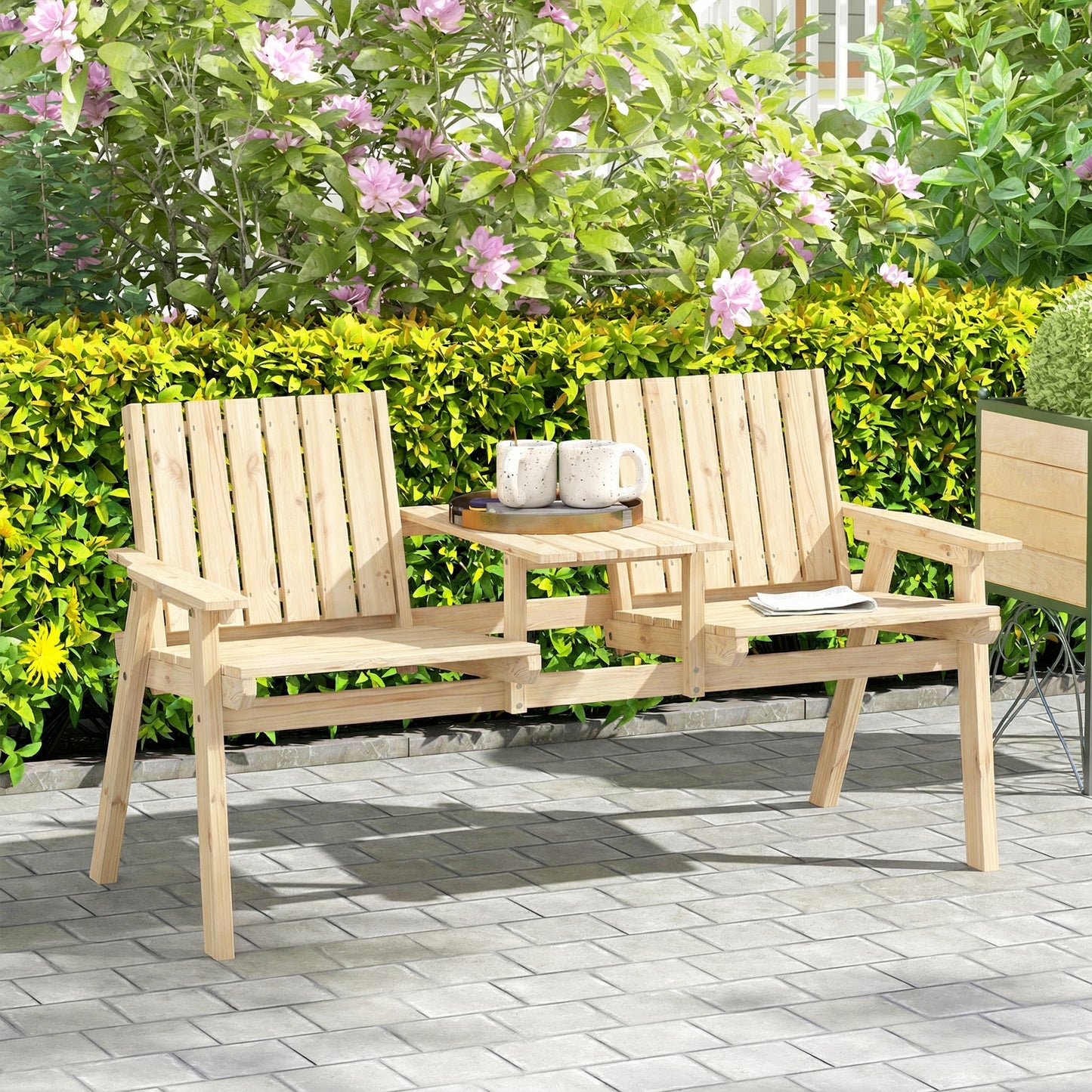 Wooden Garden Loveseat with Parasol Hole, Natural Wood Finish