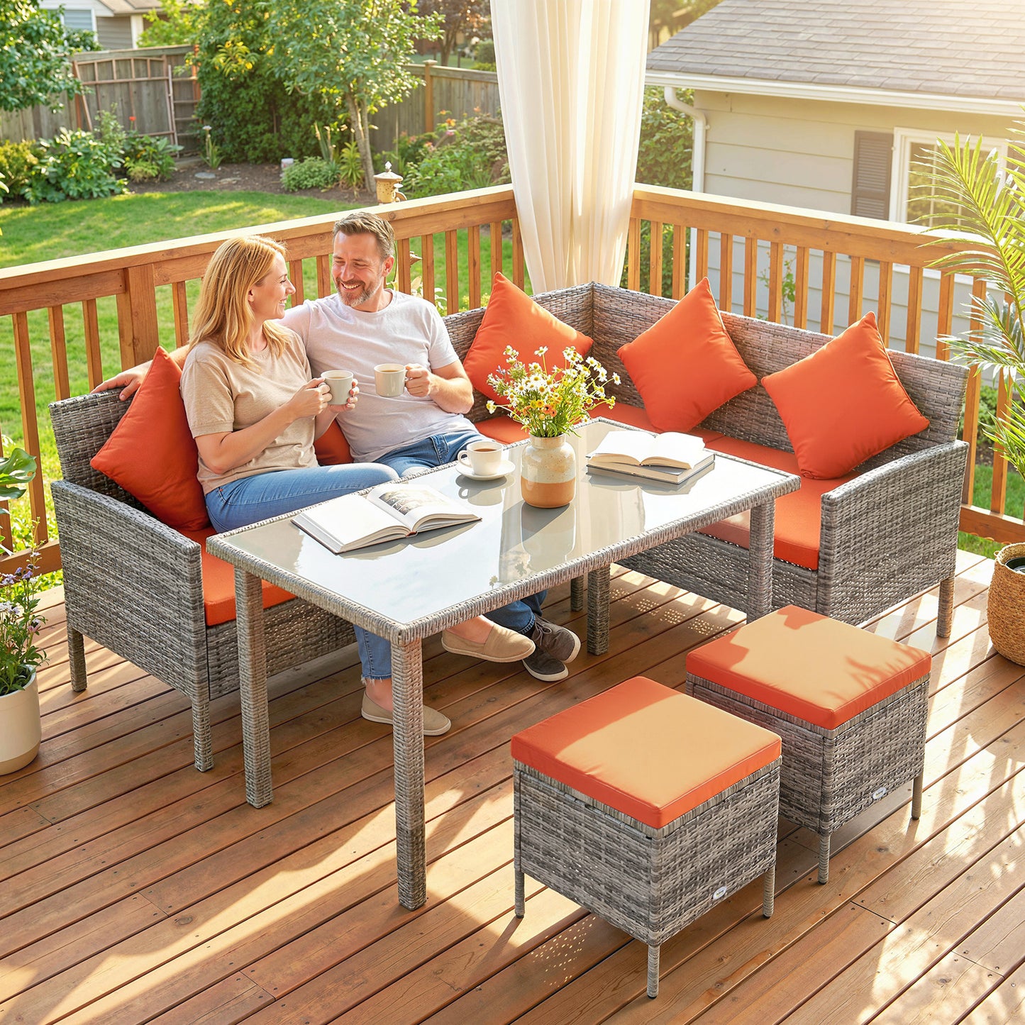 5Pcs Rattan Dining Corner Sofa Set, Garden Furniture Set, Orange