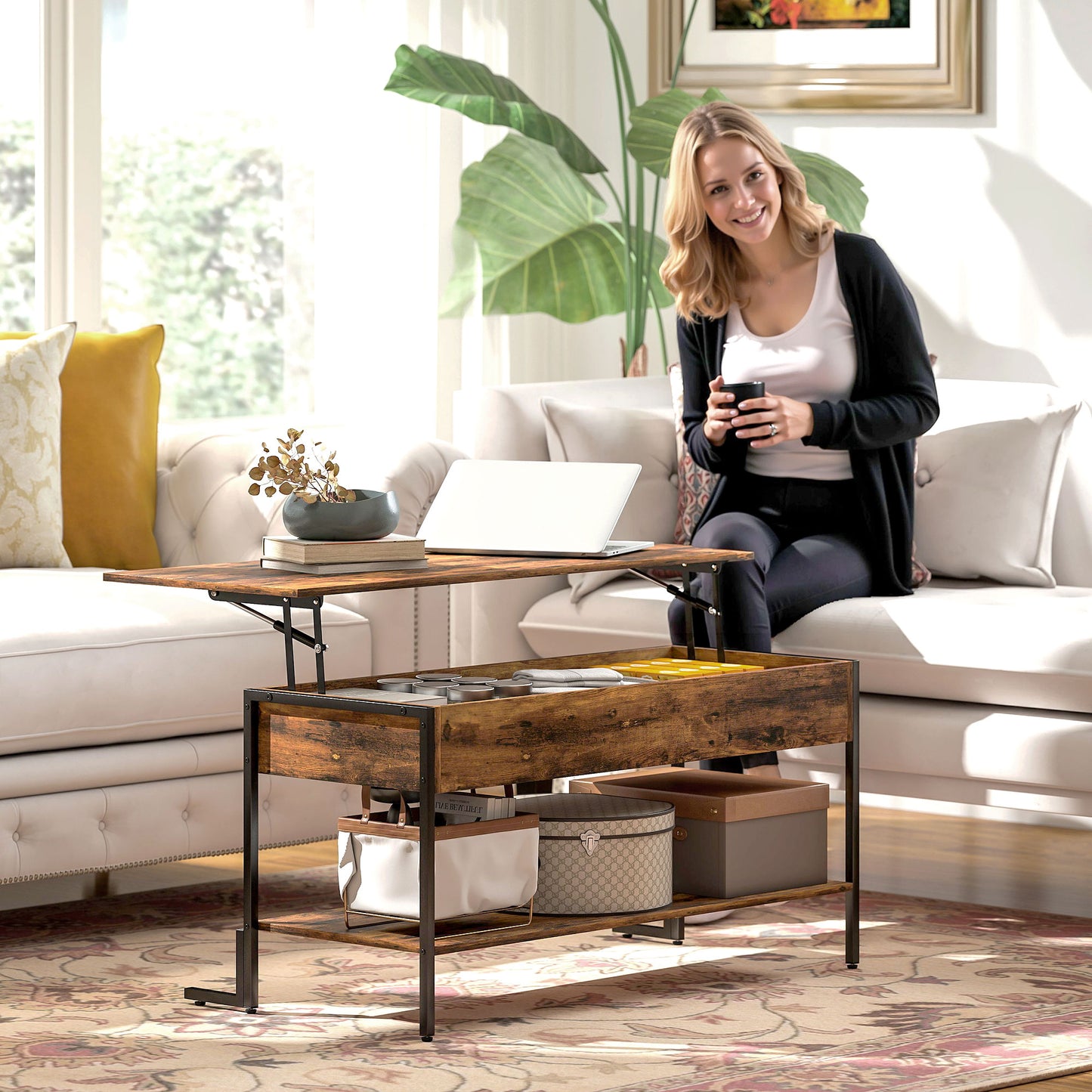Industrial Lift Top Coffee Table with Storage Shelf Rustic Brown