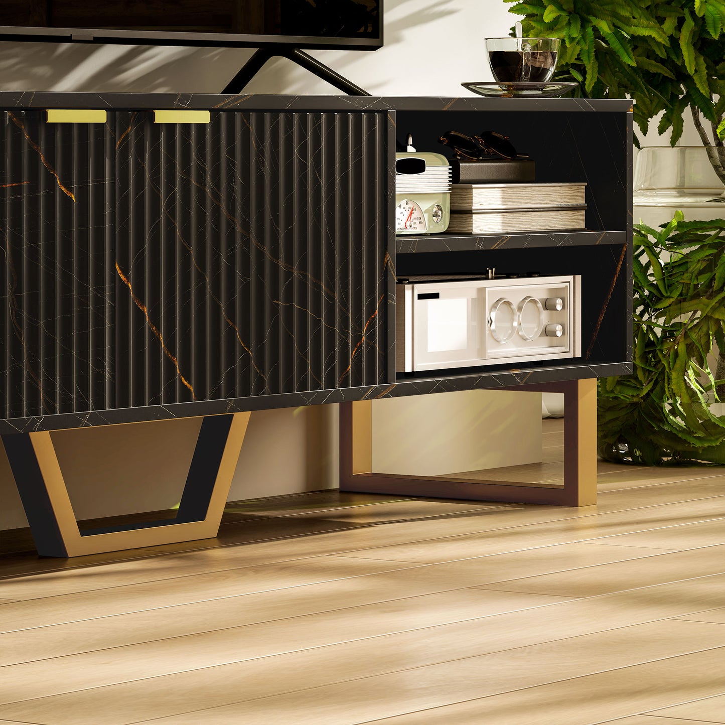 TV Unit, TV Stand Cabinet with Shelves and Storage Cupboard, Black