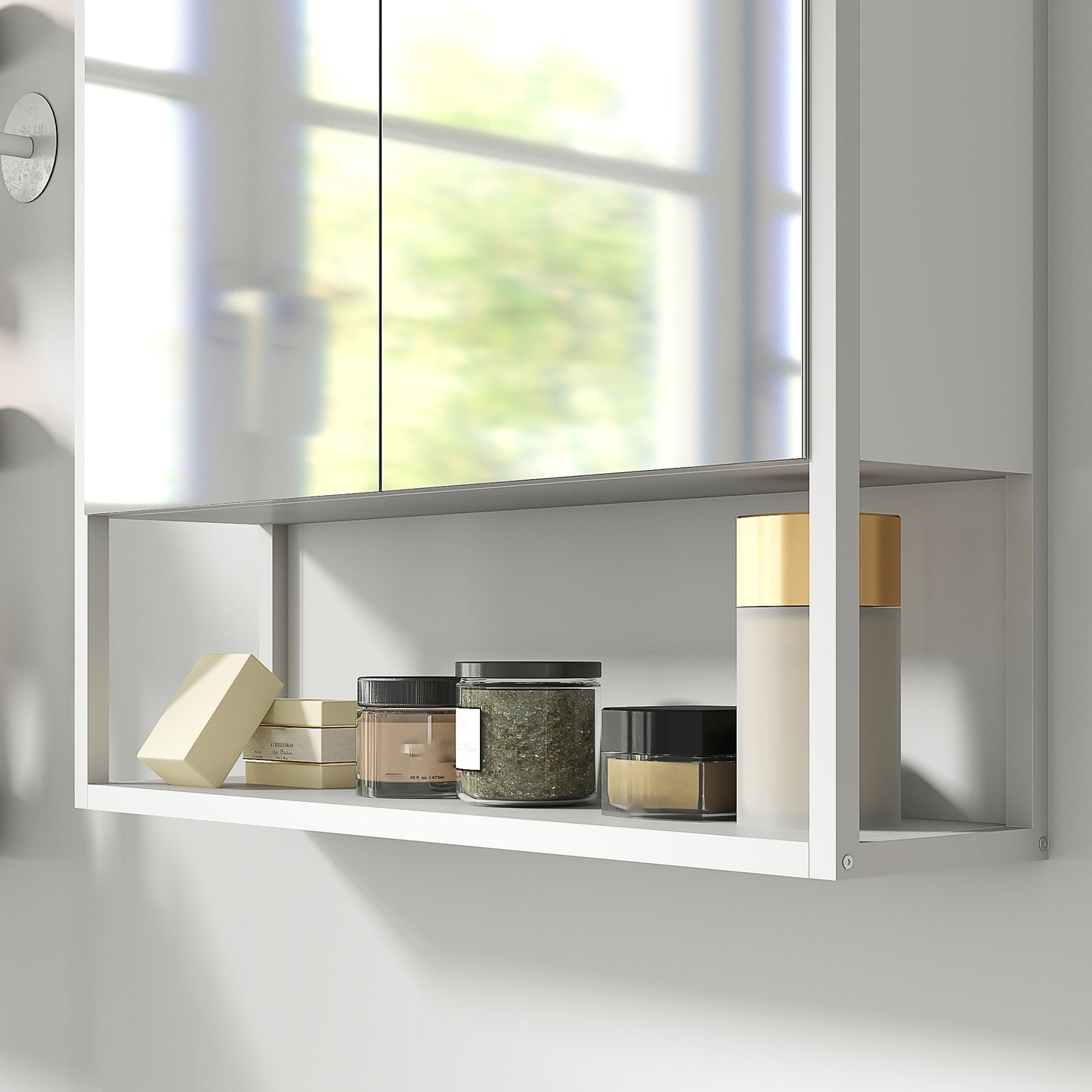 Industrial Bathroom Cabinet with 2 Mirrored Doors Open Shelf, White