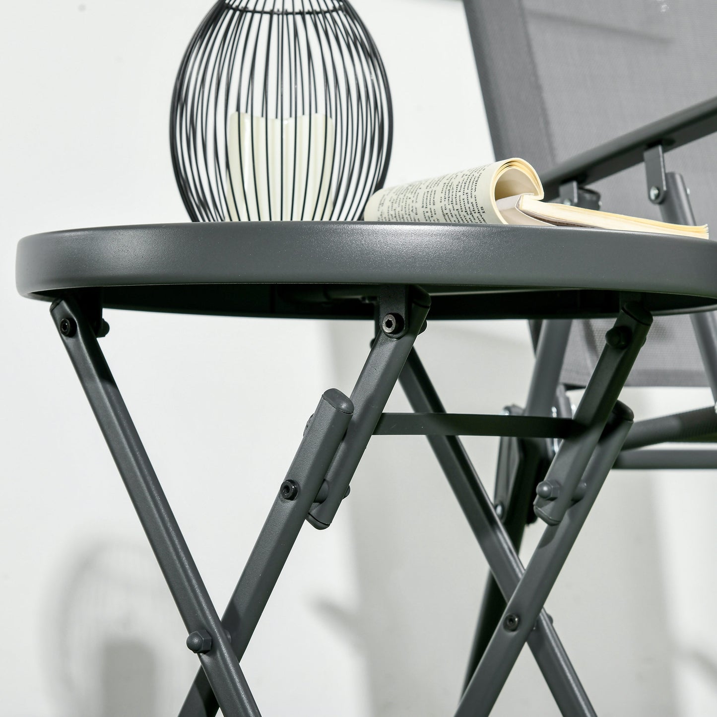 Φ45cm Outdoor Side Table, Round Folding Patio Table with Imitation Marble Glass Top, Small Coffee Table, Black