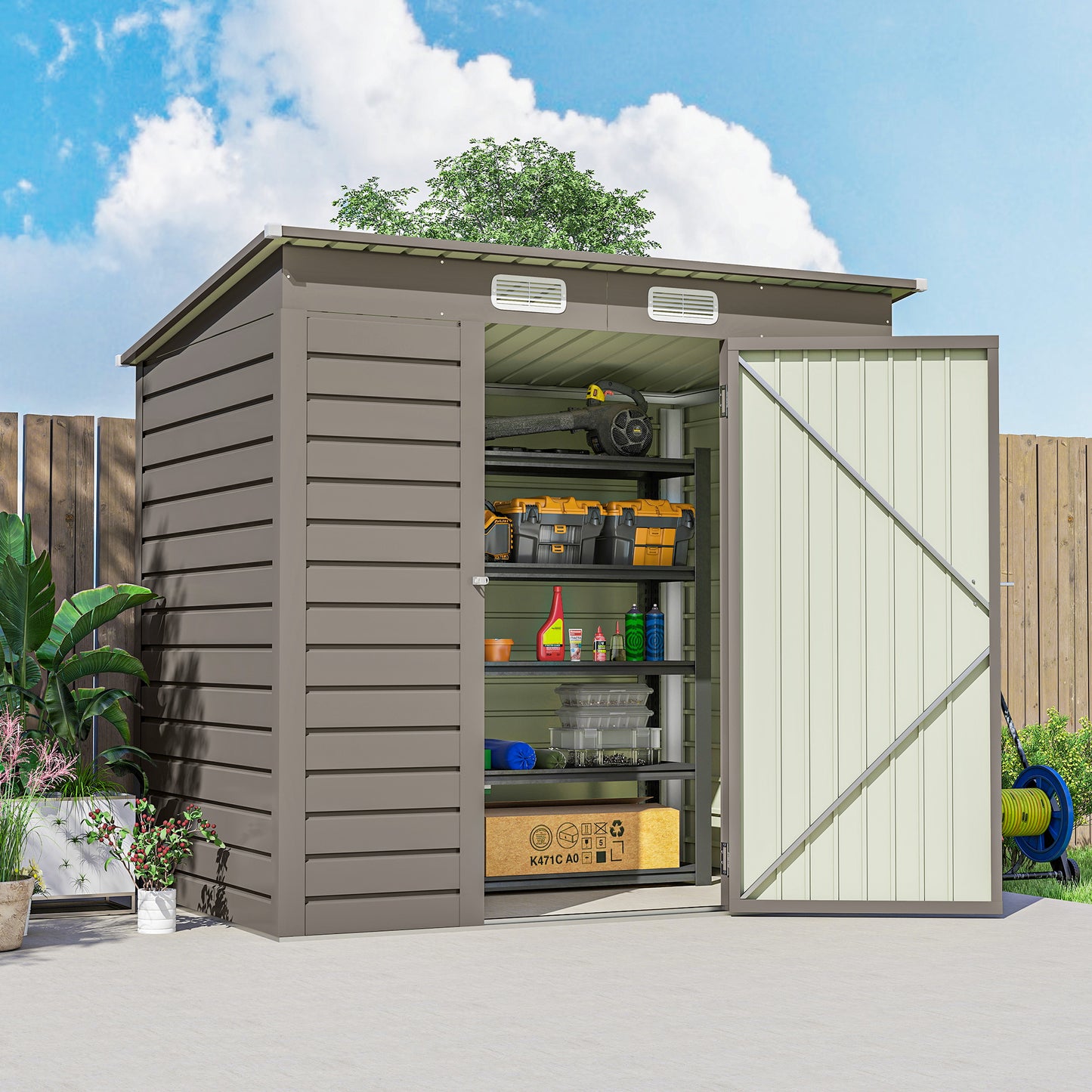 6 x 4FT Galvanised Metal Garden Shed with Lockable Door, Grey