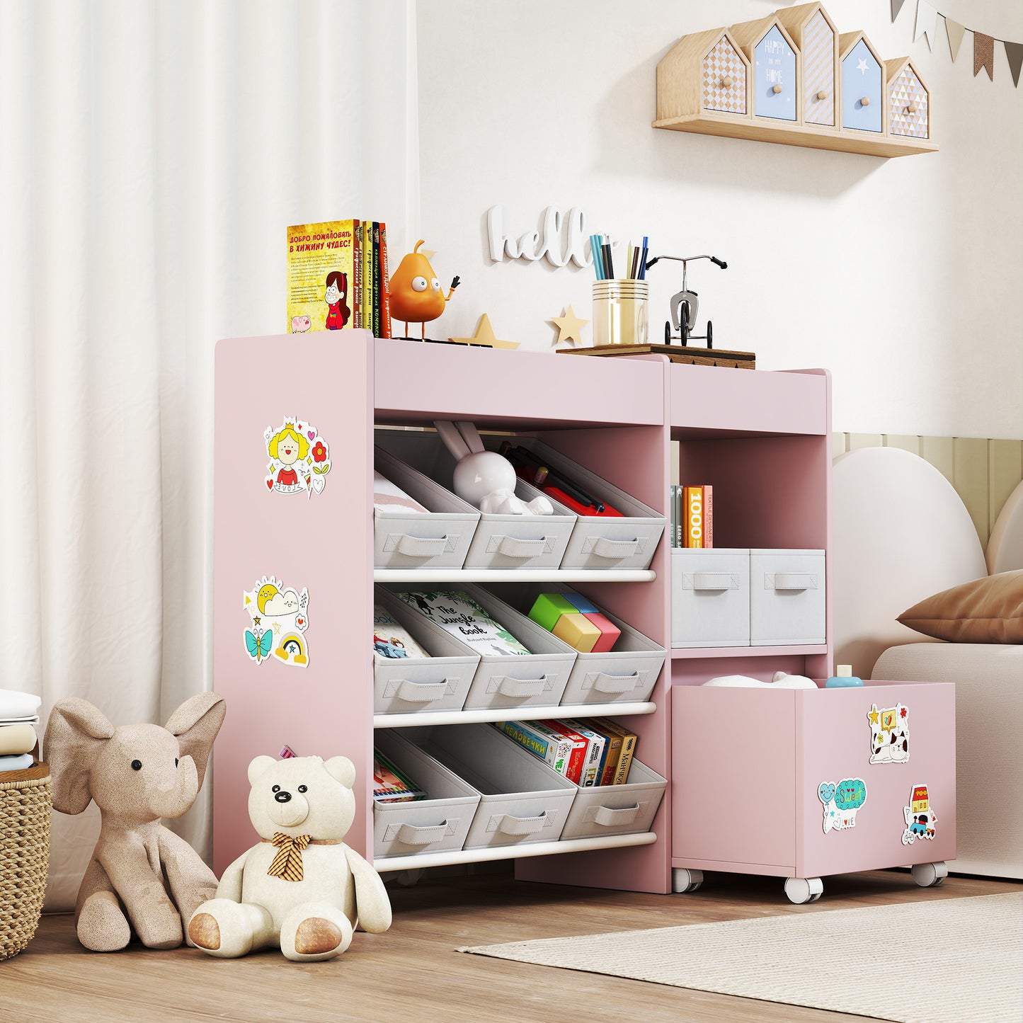 Kids Toy Storage Unit with 11 Fabric Bins, 3 Stickers, Pink