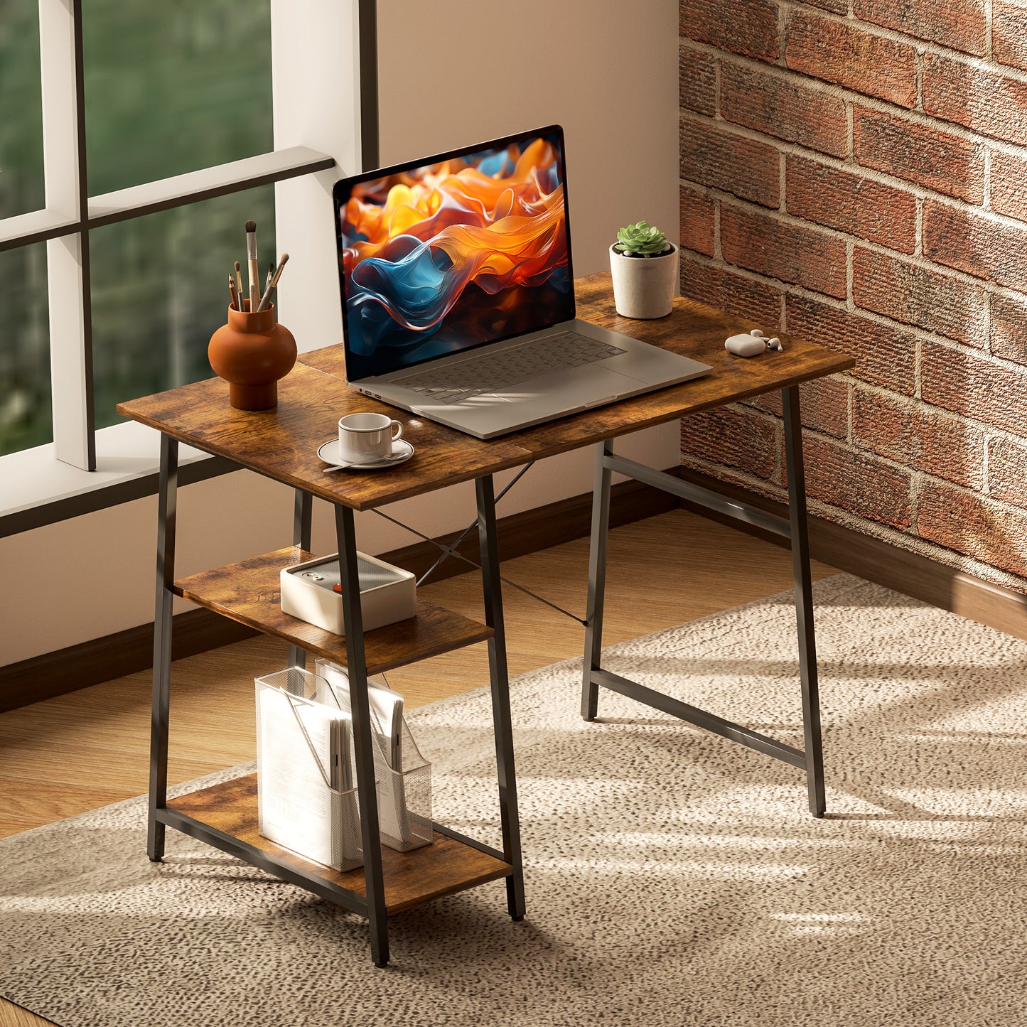 Computer Table Wor Desk with Shelves & Steel Frame, Rustic Brown