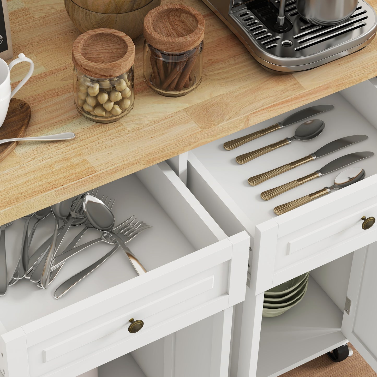 Rolling Kitchen Island Cart with Rubber Wood Top, Spices Cream White