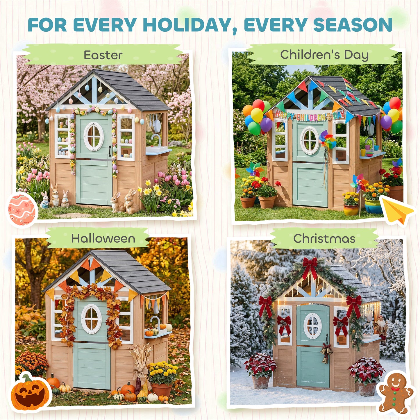 Playhouse for Kids, Wooden Wendy House with Pet Door, Play Kitchen, Half Door and Windows for Indoor Outdoor Pretend Play Fun, Ages 2+, Natural Wood