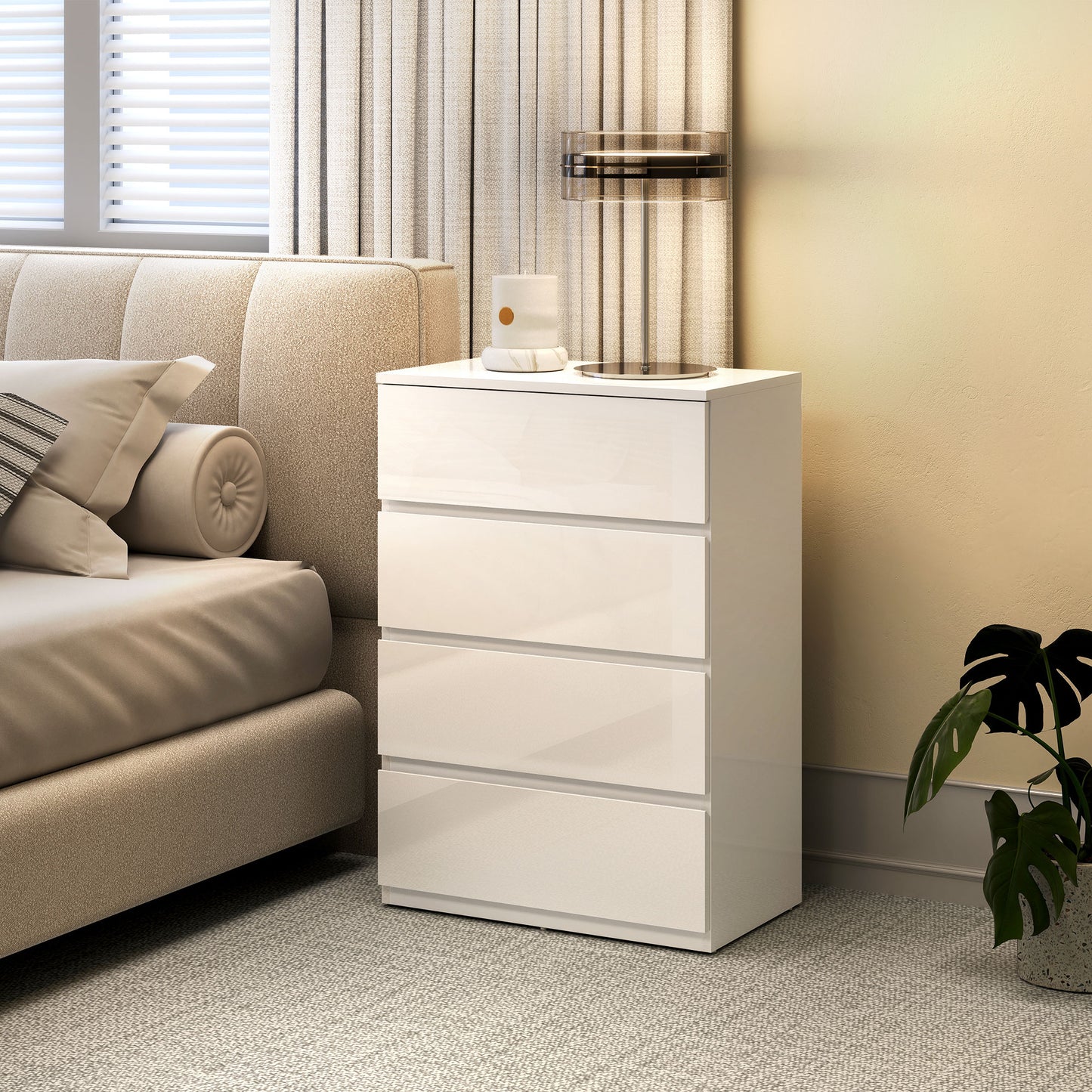 Bedroom Chest of Drawers, High Gloss 4 Drawers Dresser, White