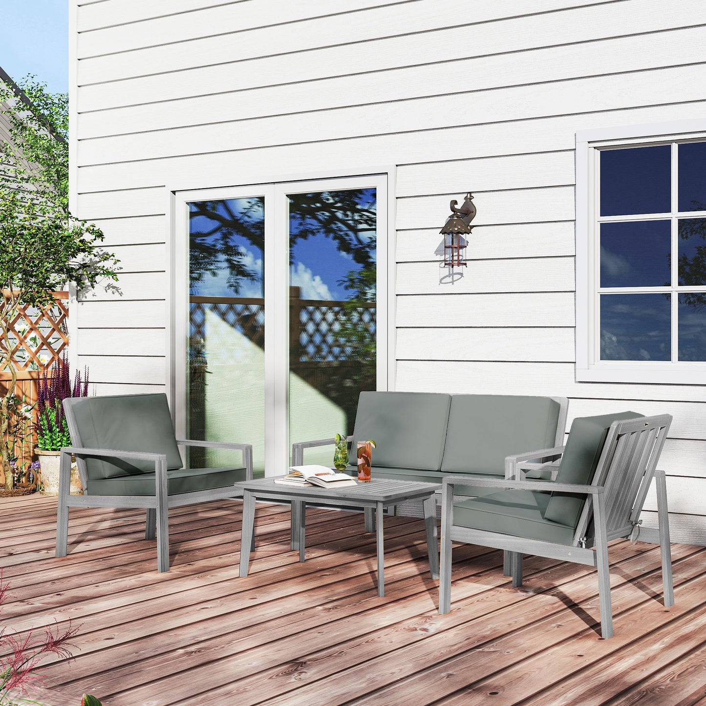 4 Pieces Wooden Garden Furniture Set with Cushions, Light Grey