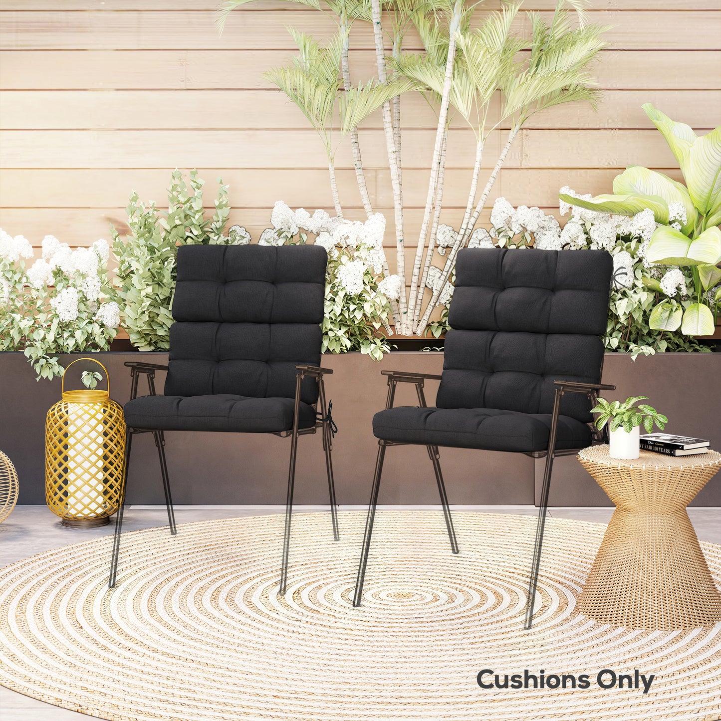 2pc Outdoor Seat Cushion with Backrest, Ties, for Garden, Black