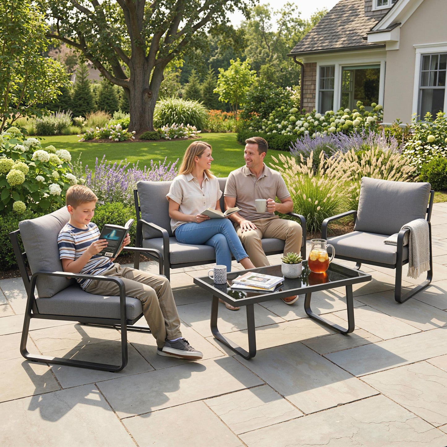 4 Piece Garden Furniture Set, Outdoor Sofa Set, Black