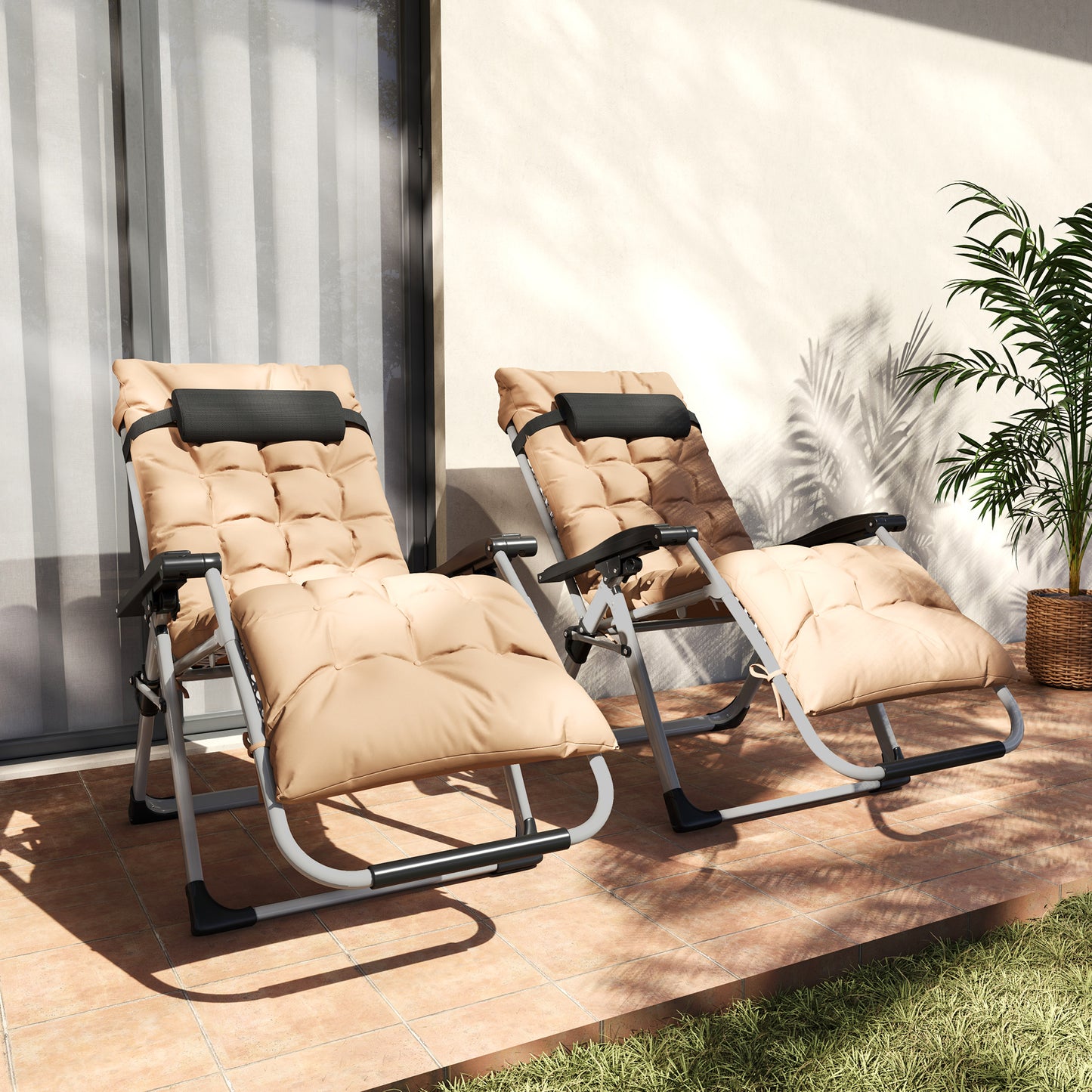 2 PCS Reclining Zero Gravity Chair Folding Lounger Cushion Khaki
