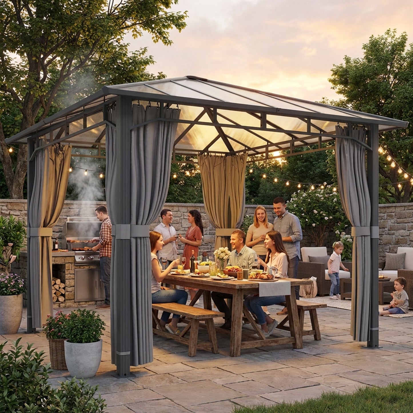 3 x 3 m Hardtop Gazebo with PC Roof, Aluminium Garden Gazebo, Tan