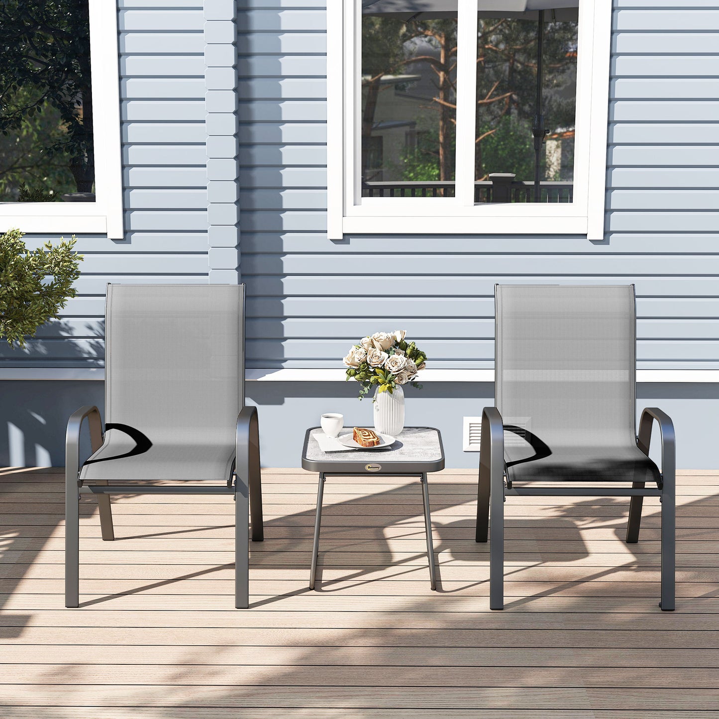 3PCs Bistro Set with Breathable Mesh Fabric Stackable Chairs Light Grey