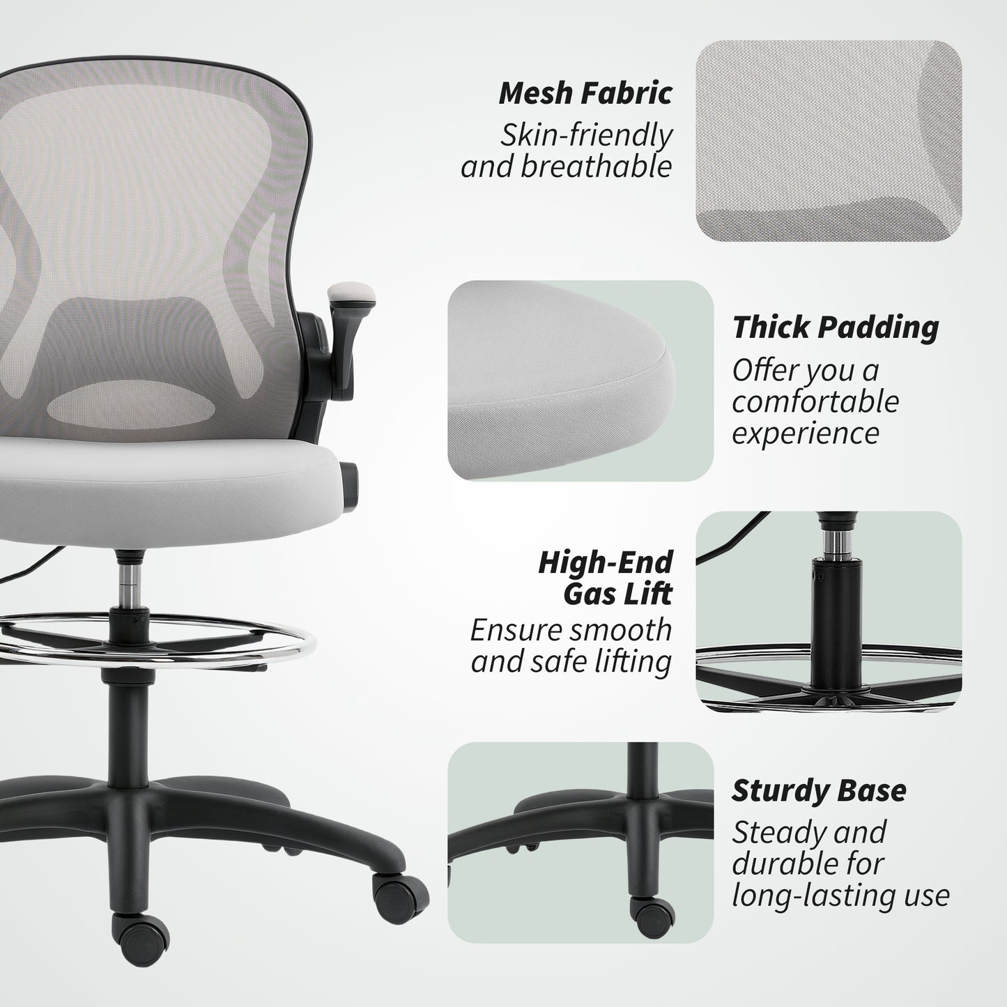 Draughtsman Chair Mesh Chair w/ Adjustable Footrest Ring, Grey