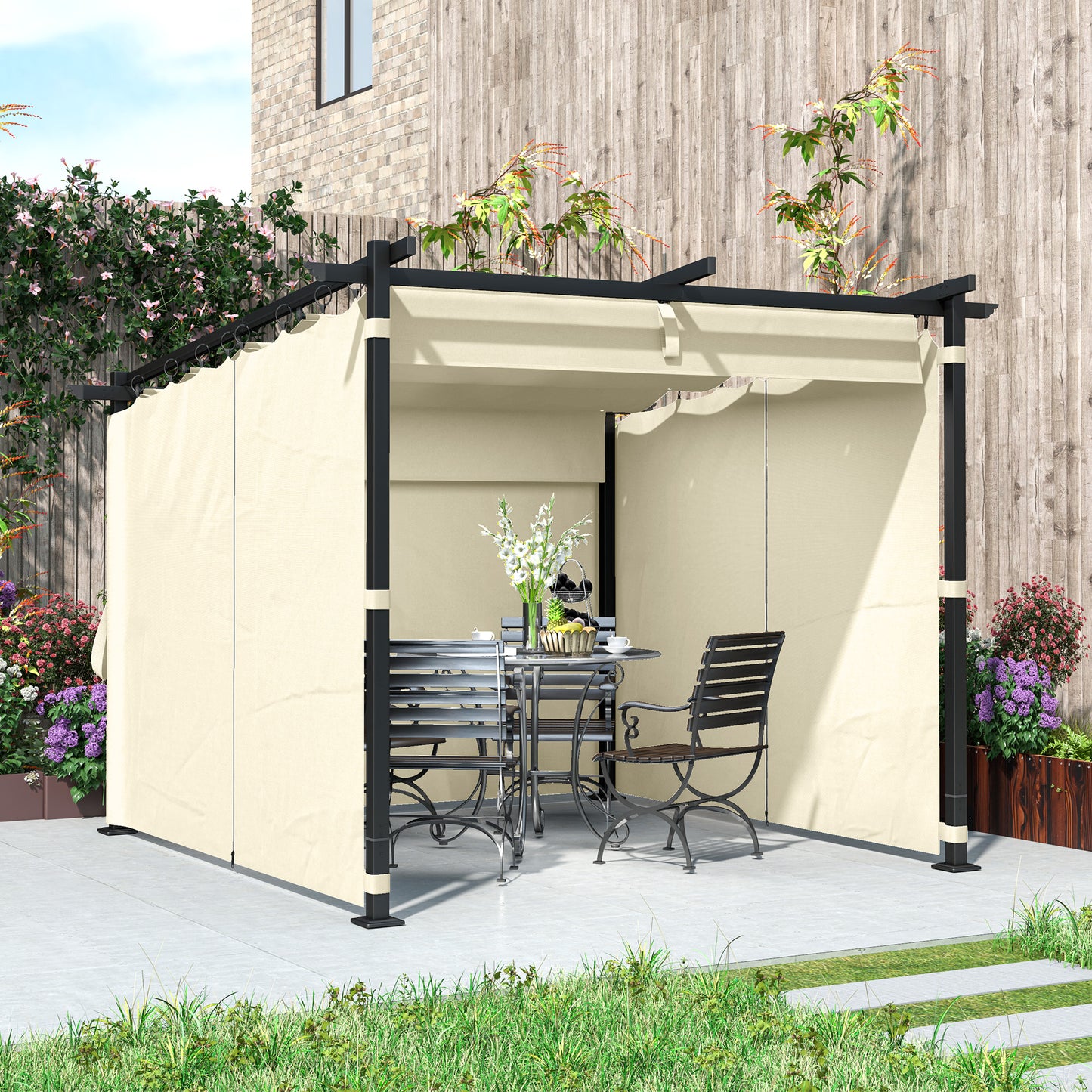 3 x 3(m) Metal Pergola with Retractable Roof and Sidewalls, Beige