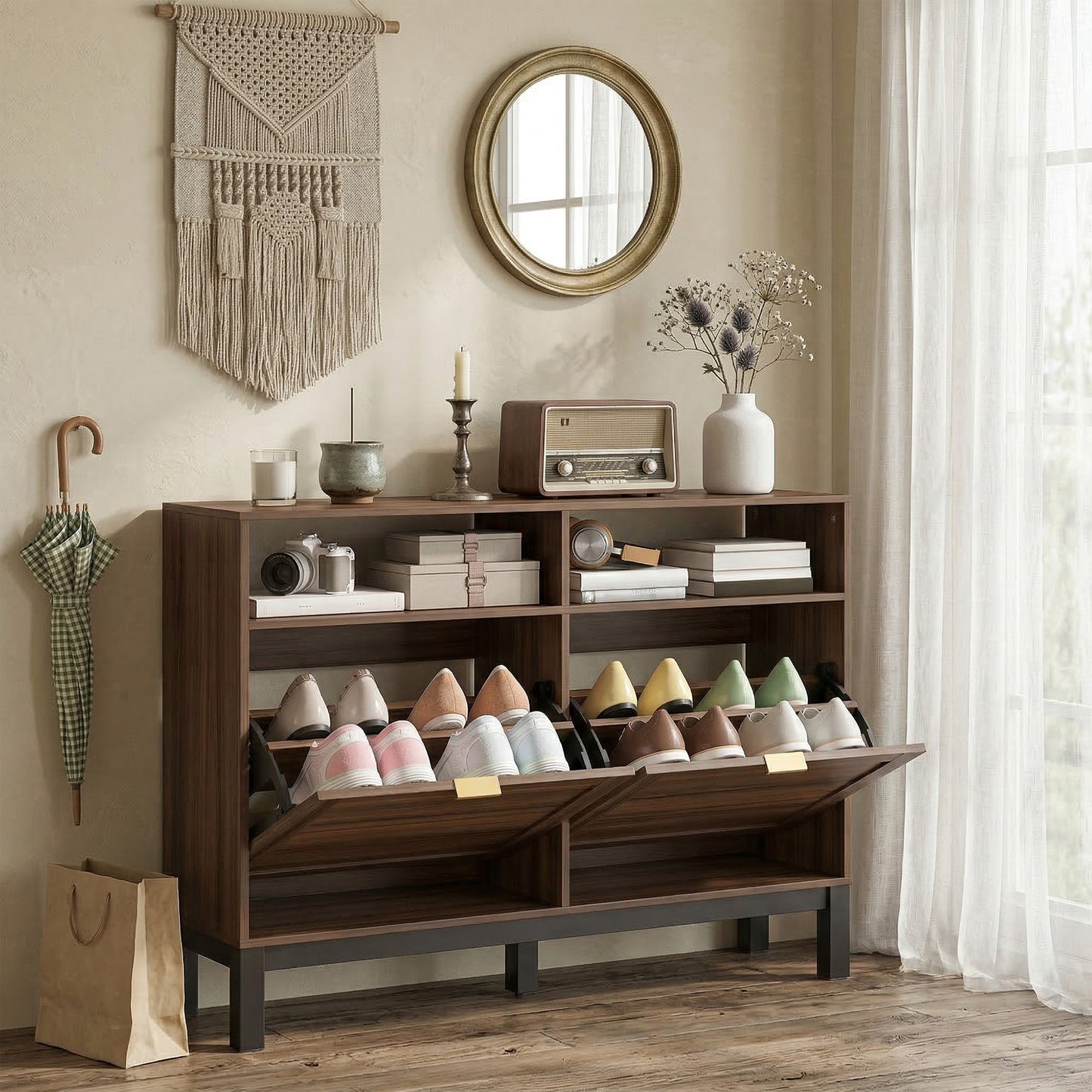 Narrow Shoe Cabinet with 2 Flip Drawers, Modern Shoe Storage Cabinet