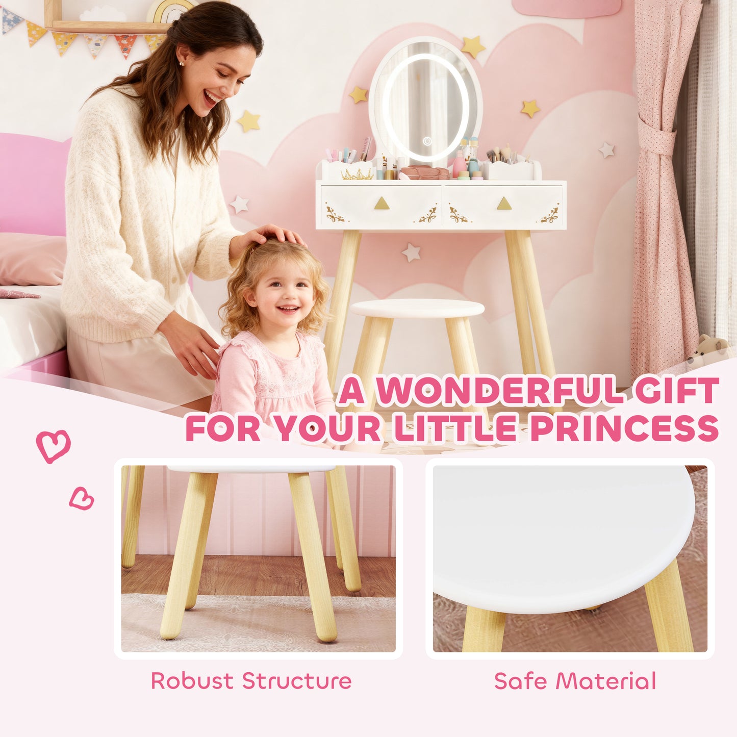 Kids Vanity Table and Chair Set with 3-Colour LED Lights Mirror