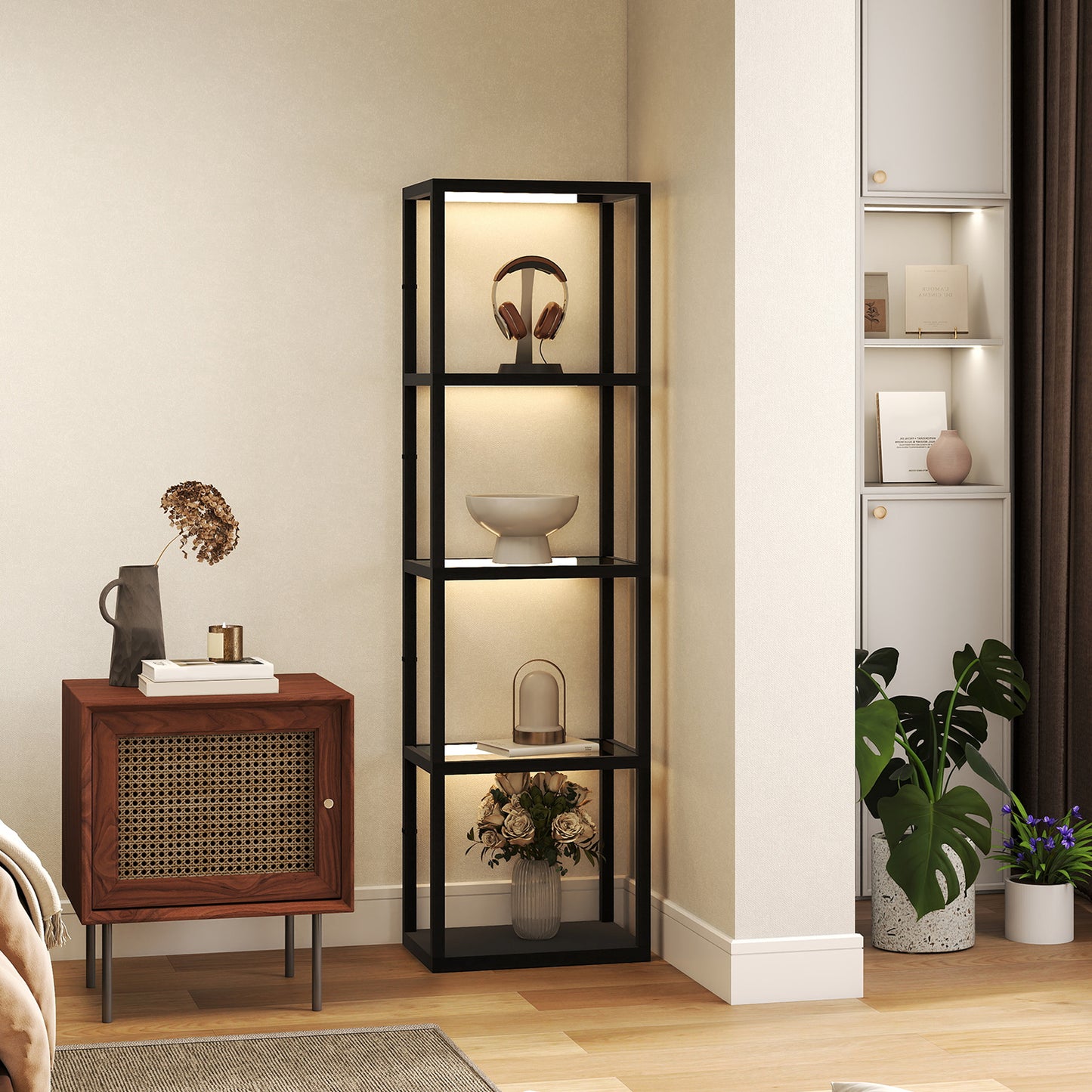 LED Floor Lamp with Glass Shelves, Dimmable Room Lamp, Black