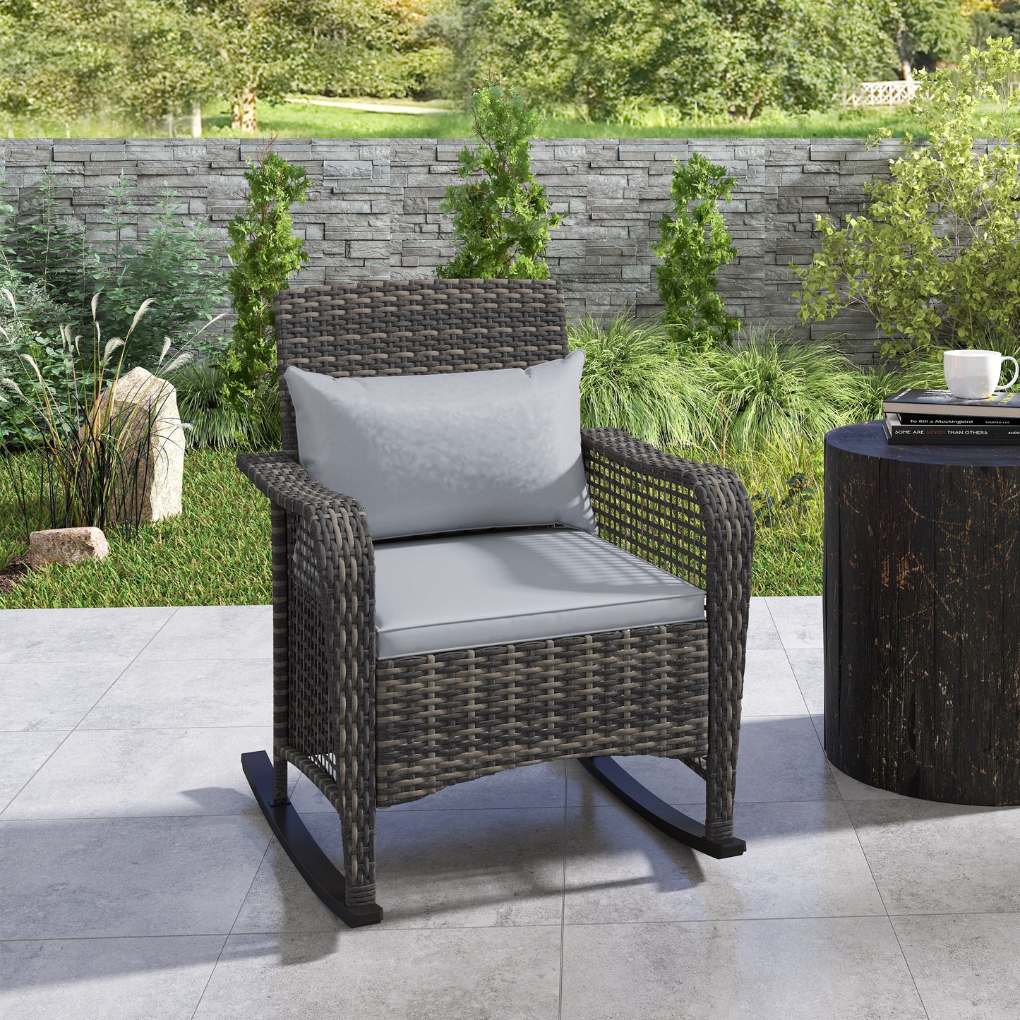 Rattan Garden Rocking Chair w/ Seat and Back Cushions, Light Grey