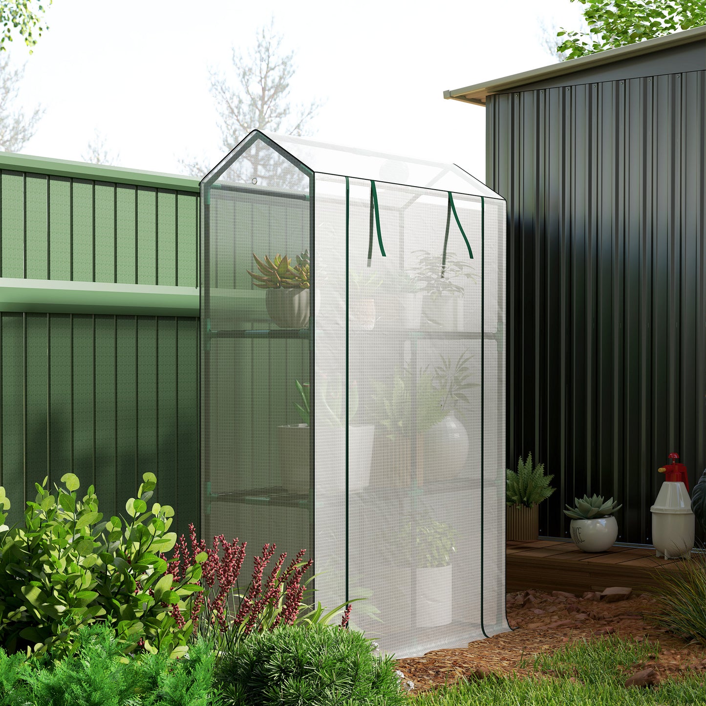 3 Tier Mini Greenhouse with PE Cover, Roll-Up Door, White