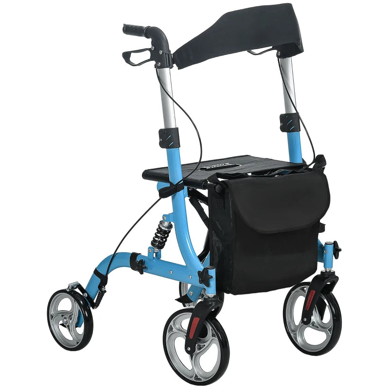 4 Wheel Rollator with Seat and Back, Lightweight Folding Mobility Walker with Large Wheels, Carry Bag, Adjustable Height, - Blue