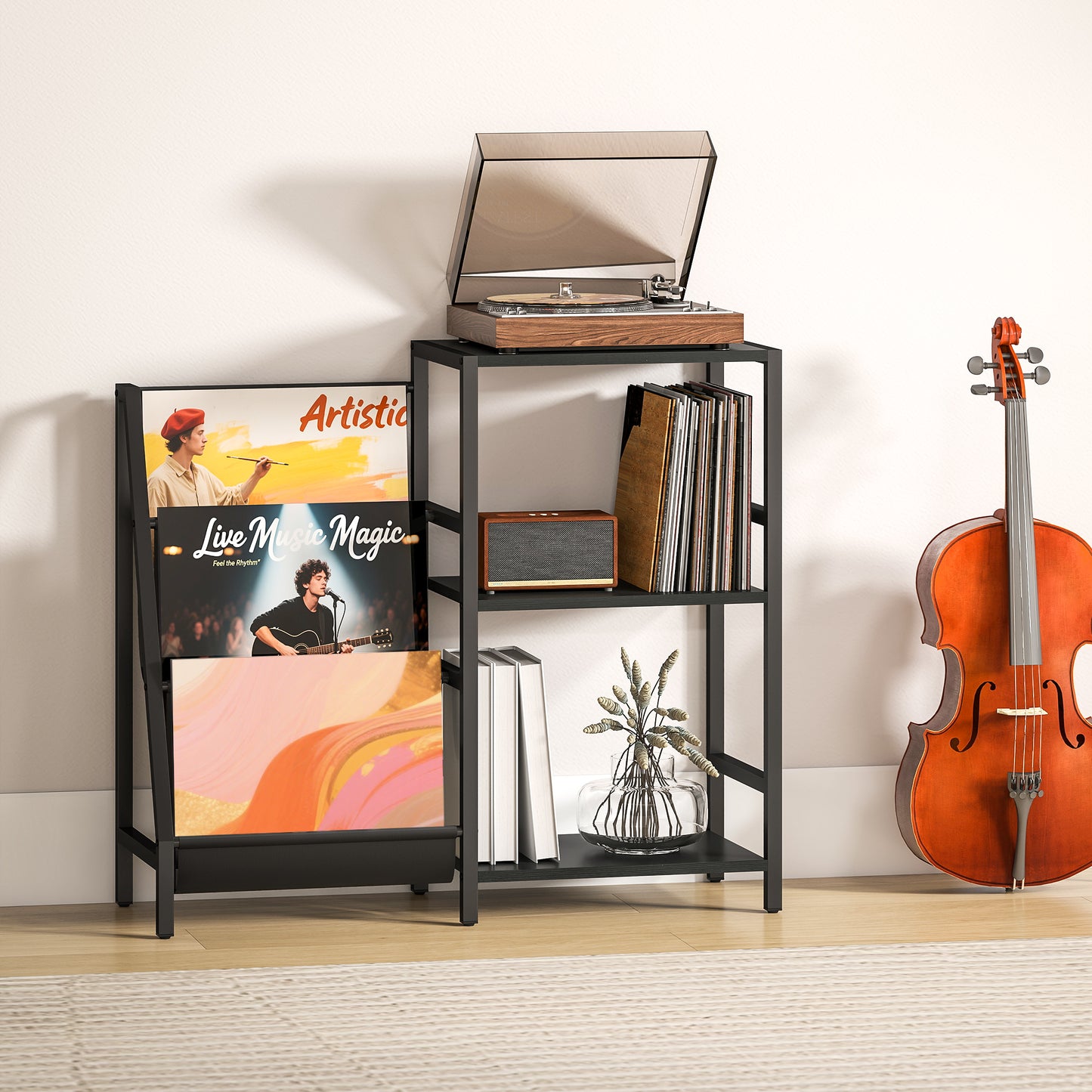 Record Player Stand, 3-Tier Side Table with Vinyl Record Storage