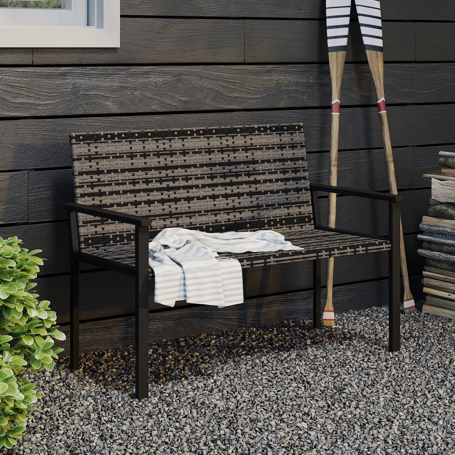 Rattan Garden Bench Loveseat with Quick-Drying Padding, Mixed Grey