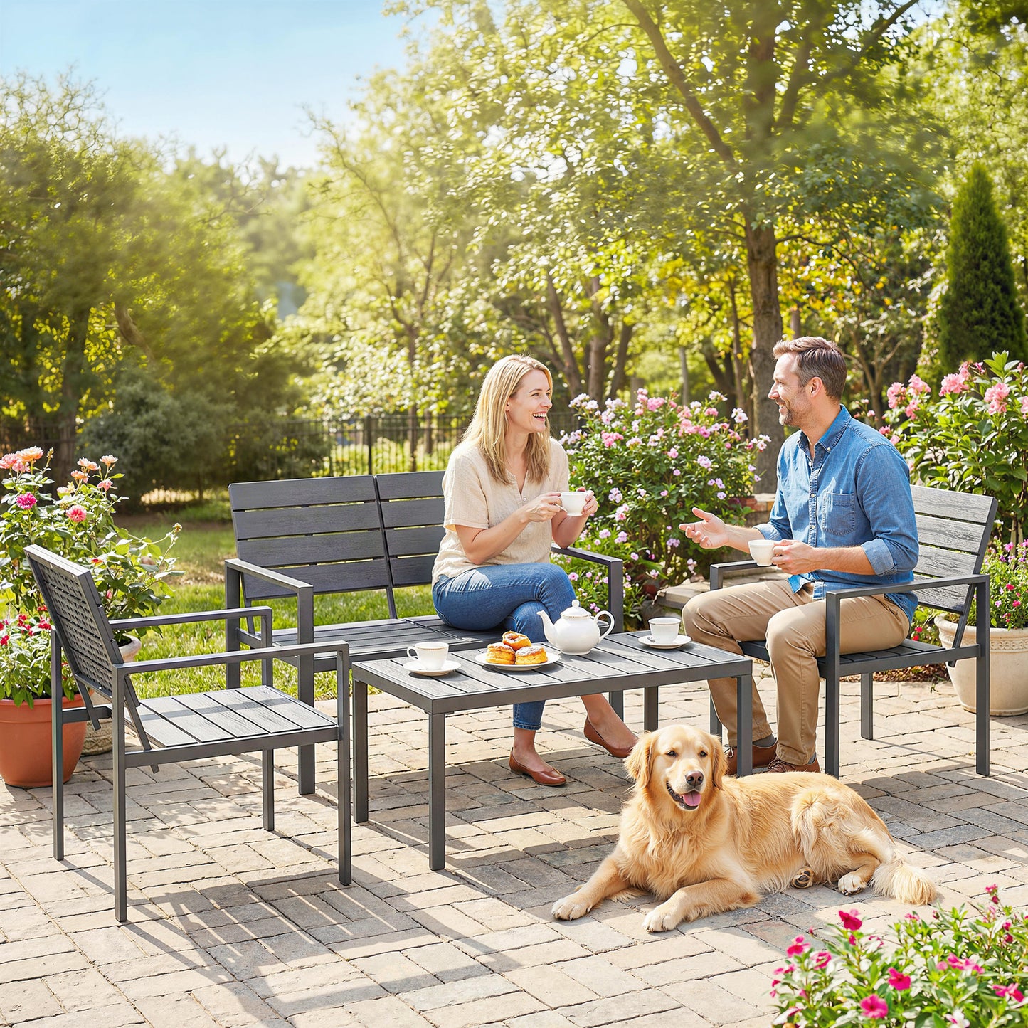 4 Piece Garden Furniture Set, HDPE Metal Outdoor Sofa, Dark Grey