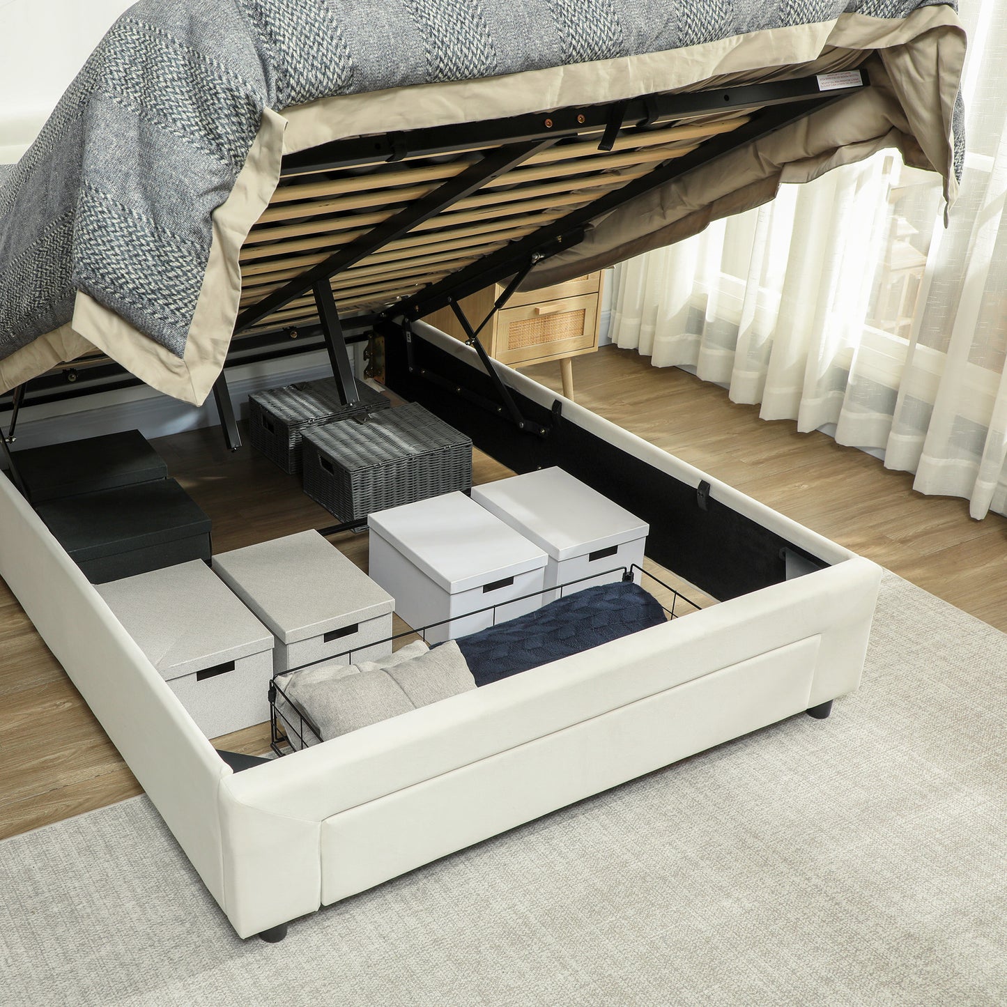 Double Bed Frame with Storage and Adjustable Velvet Headboard, Cream