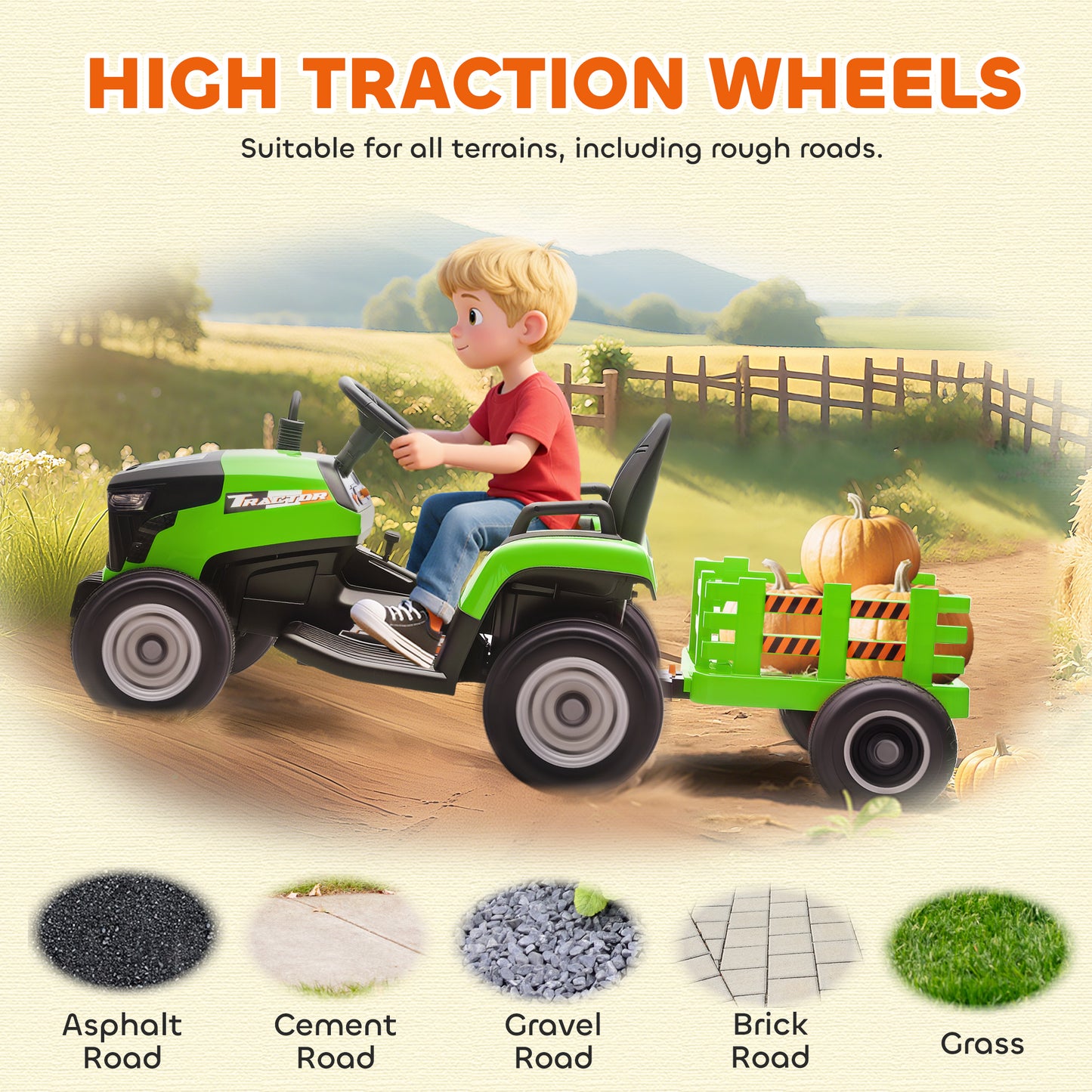 Ride on Tractor and Trailer, 12V Electric Ride on Tractor, Green
