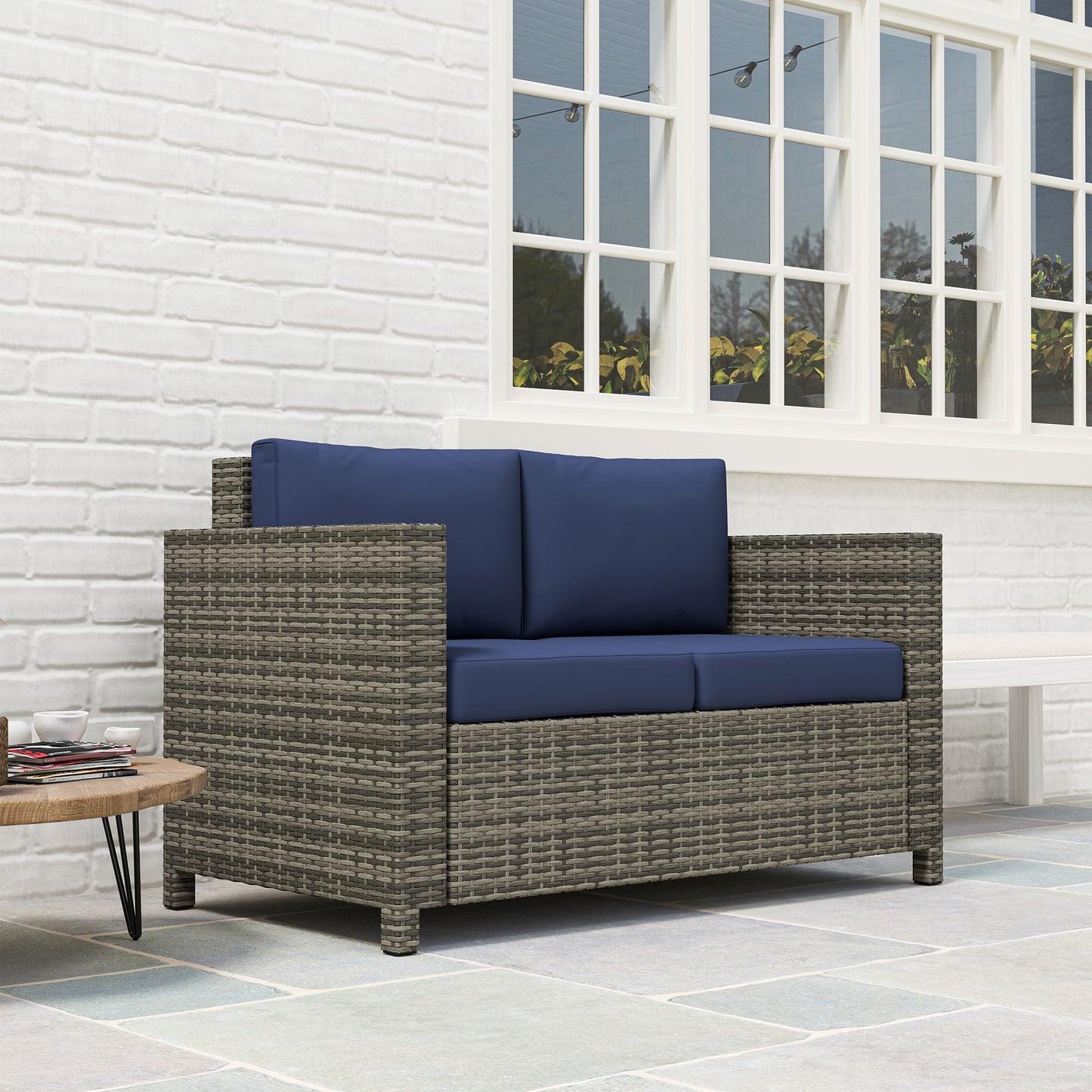 Rattan Wicker 2-seat Loveseat Padded Garden Furniture Blue