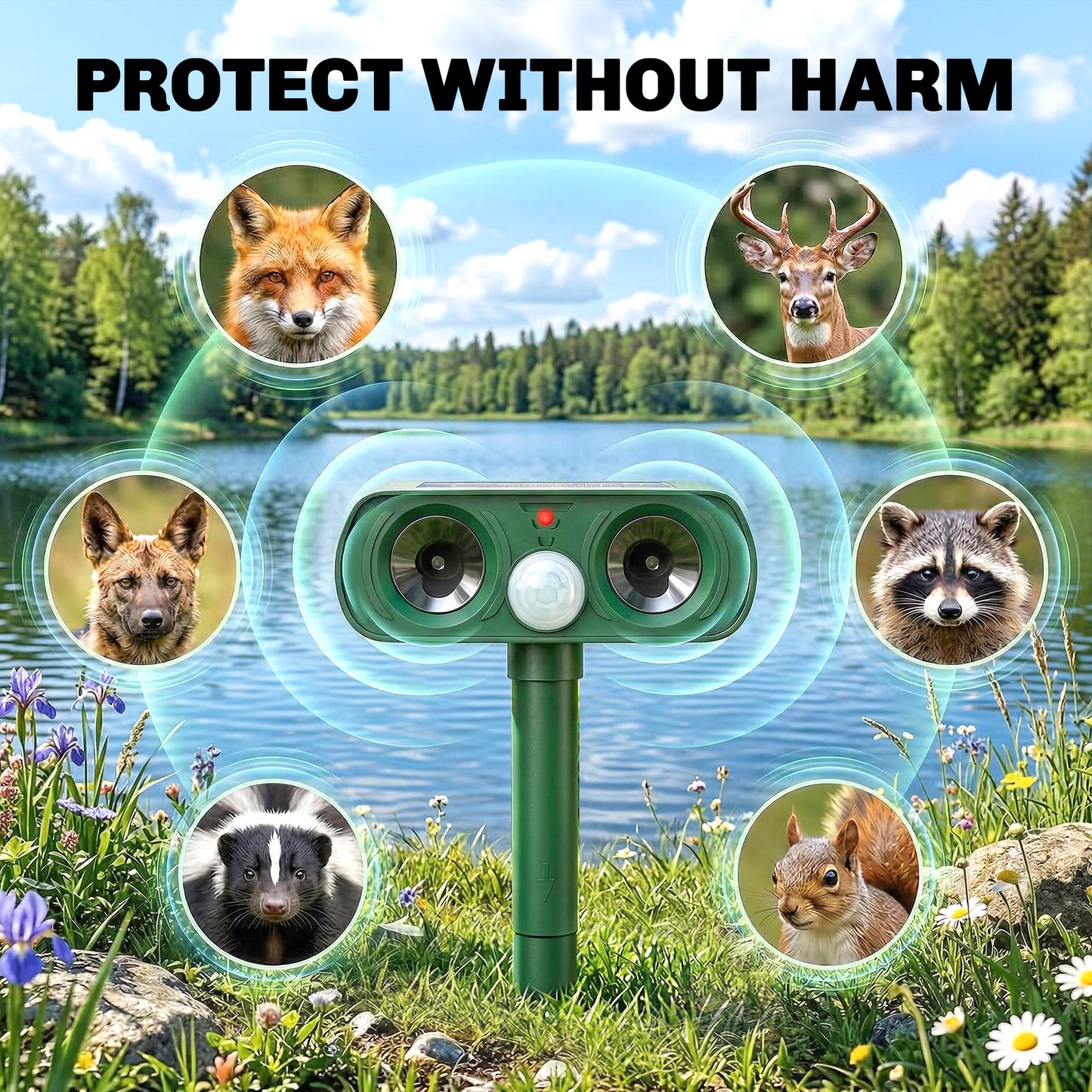 Cat Repellent for Gardens UK, Solar Ultrasonic Fox Cat Deterrent for Gardens UK, PIR Motion Sensor 110°, IPX4 Waterproof Animal Repeller Scarer for Squirrels, Dogs, Moles, Birds