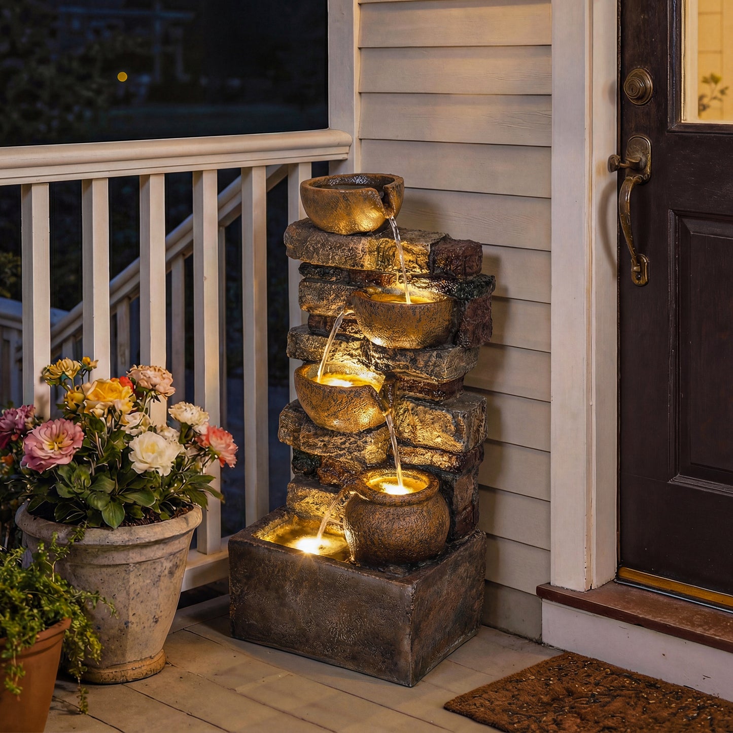 Outdoor Fountain with LED Lights, Cascading Waterfall Feature