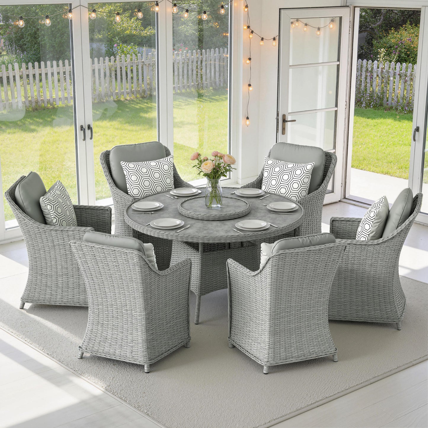 Rattan Garden Dining Set with Turntable, Aluminium Frame, Grey