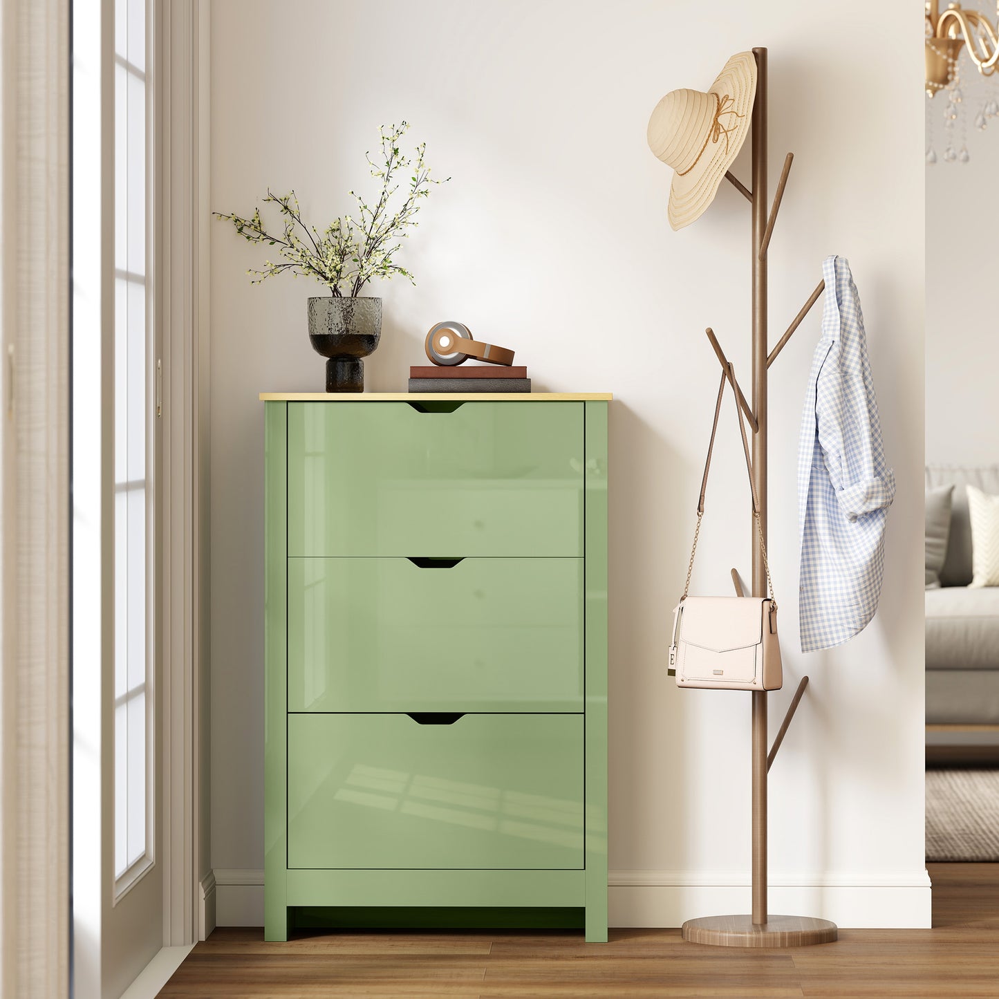 18-Shoe Storage Cabinet 6 Shelves 3 Drawers Tabletop High Gloss Green