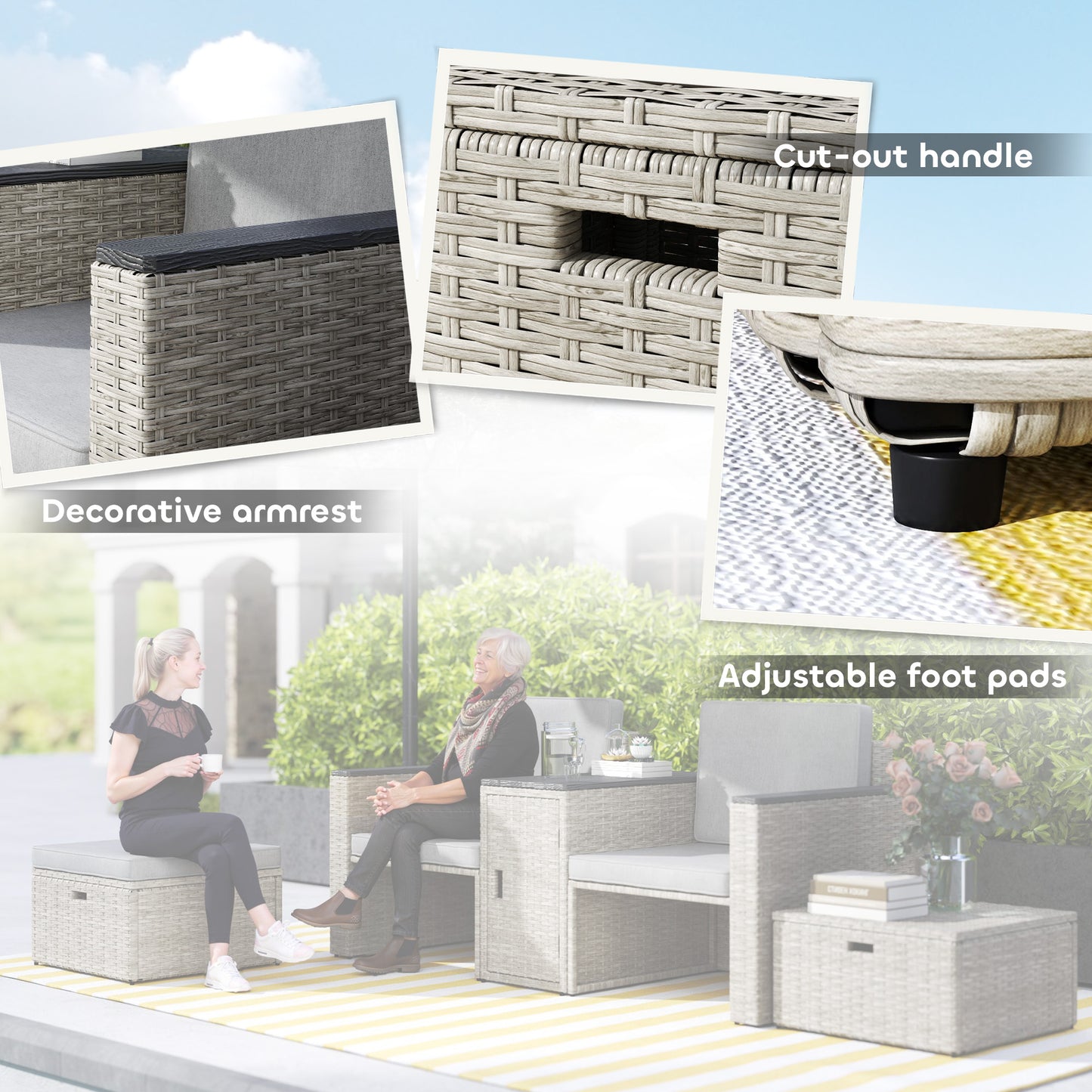 5 Piece Rattan Garden Furniture Set w/ Storage Table, Stools, Grey