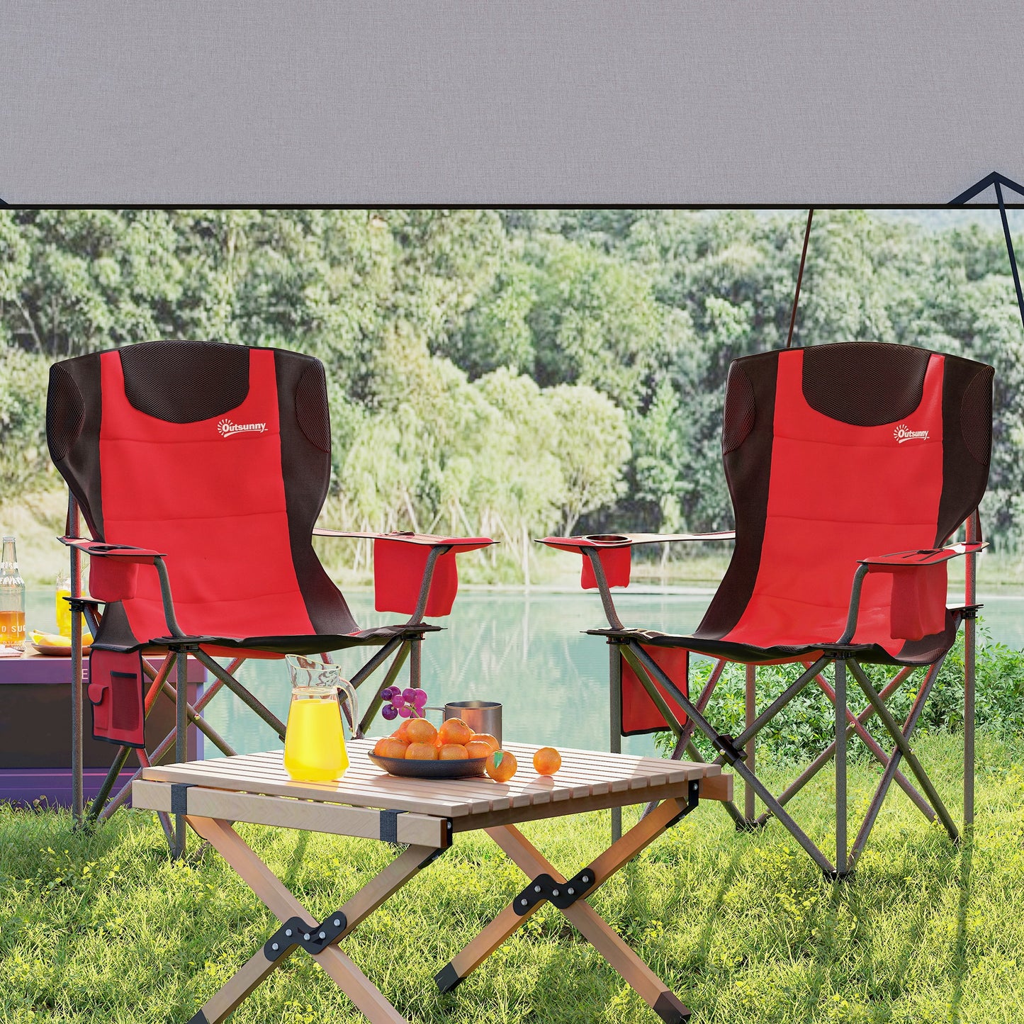 Set of 2 Padded Folding Picnic Chairs with Cooler Bag, Red